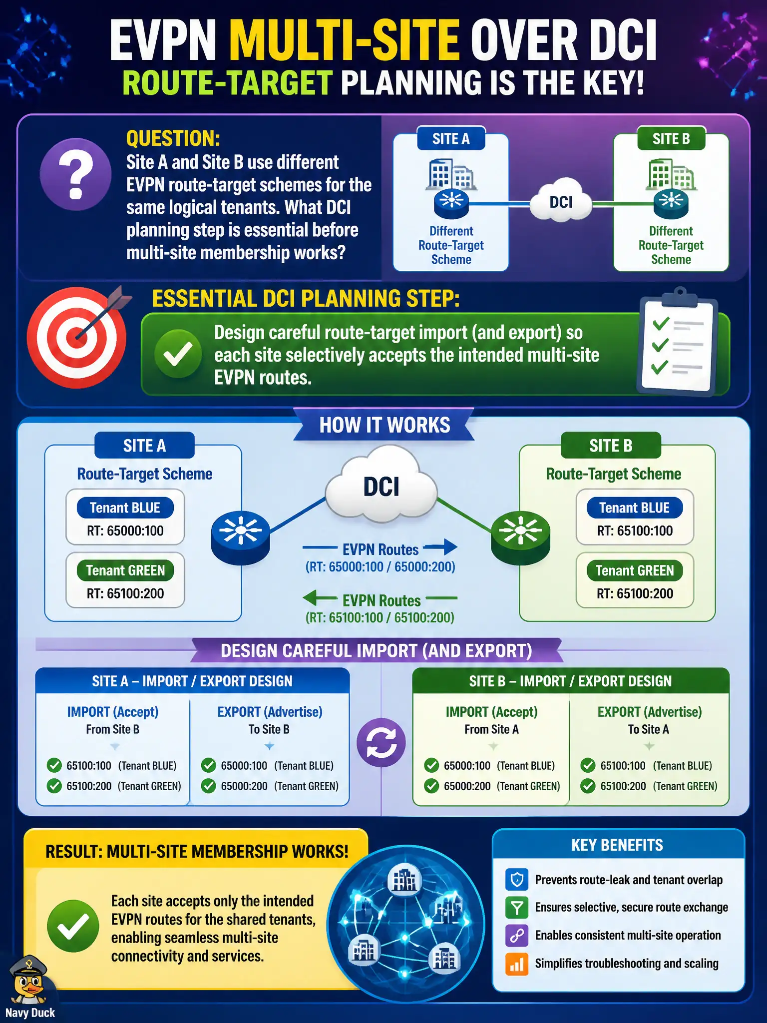 To Create an exciting colorful infographic that explains the concepts in the question: Question: Site A and Site B use different EVPN route-target schemes for the same logical tenants. What DCI planning step is essential before multi-site membership works? Correct Answer: Design careful route-target import (and export) so each site selectively accepts the intended multi-site EVPN routes Put EVERY visible label in double quotes. No people. No A/B/C/D letters. In one of the four corners put a little "Navy Duck".