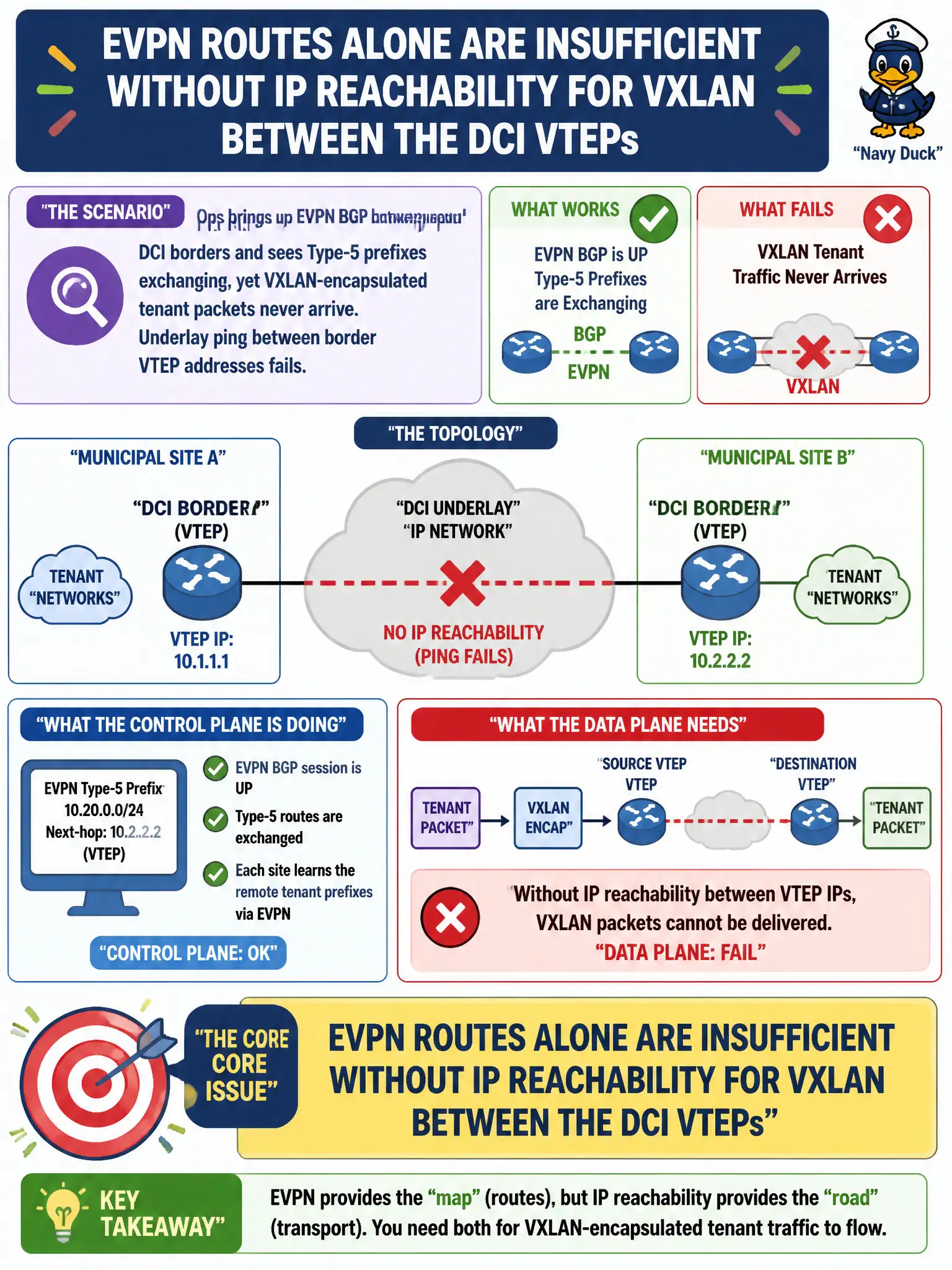 To Create an exciting colorful infographic that explains the concepts in the question: Question: Ops brings up EVPN BGP between municipal DCI borders and sees Type-5 prefixes exchanging, yet VXLAN-encapsulated tenant packets never arrive. Underlay ping between border VTEP addresses fails. What is the core issue? Correct Answer: EVPN routes alone are insufficient without IP reachability for VXLAN between the DCI VTEPs Put EVERY visible label in double quotes. No people. No A/B/C/D letters. In one of the four corners put a little "Navy Duck".