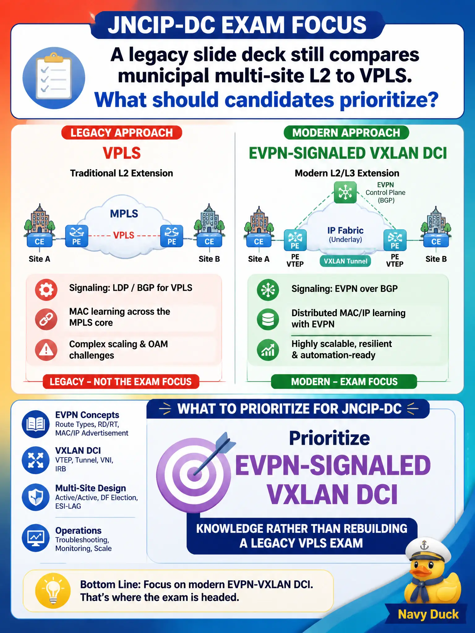 To Create an exciting colorful infographic that explains the concepts in the question: Question: A legacy slide deck still compares municipal multi-site L2 to VPLS. For JNCIP-DC exam focus, what should candidates prioritize? Correct Answer: Prioritize EVPN-signaled VXLAN DCI knowledge rather than rebuilding a legacy VPLS exam Put EVERY visible label in double quotes. No people. No A/B/C/D letters. In one of the four corners put a little "Navy Duck".