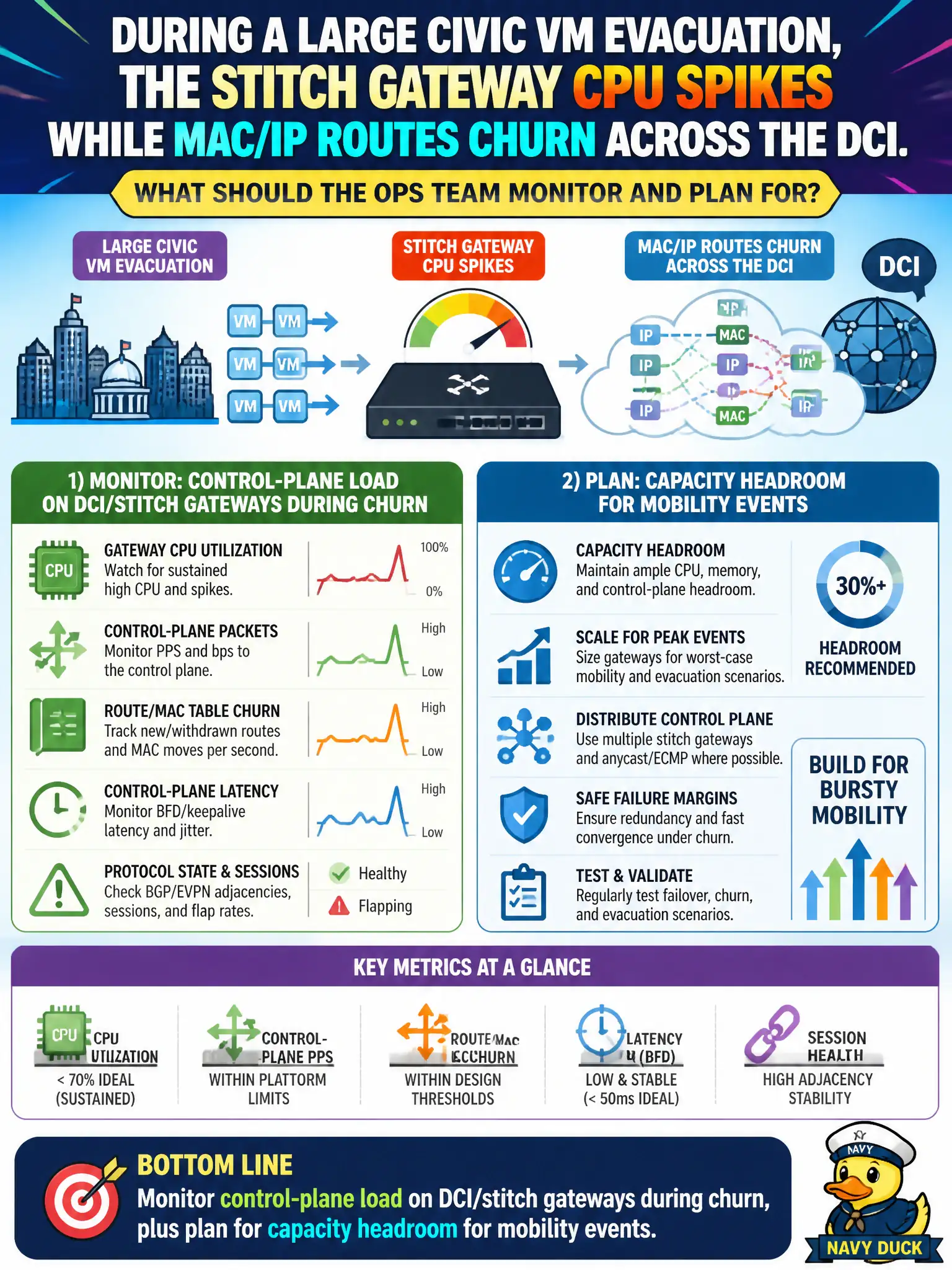 To Create an exciting colorful infographic that explains the concepts in the question: Question: During a large civic VM evacuation, the stitch gateway CPU spikes while MAC/IP routes churn across the DCI. What should the ops team monitor and plan for? Correct Answer: Control-plane load on DCI/stitch gateways during churn, plus capacity headroom for mobility events Put EVERY visible label in double quotes. No people. No A/B/C/D letters. In one of the four corners put a little "Navy Duck".
