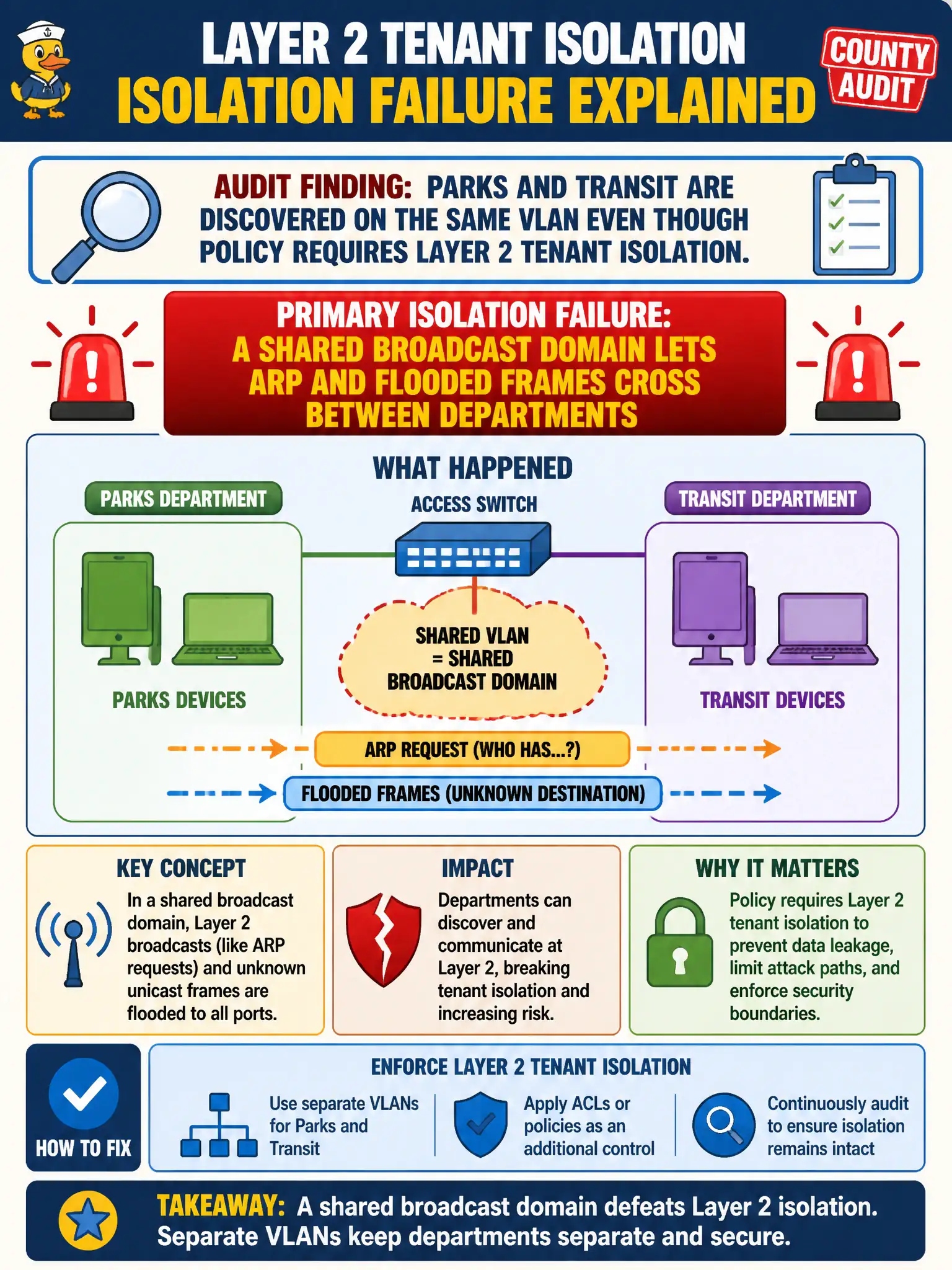 To Create an exciting colorful infographic that explains the concepts in the question: Question: During a county audit, Parks and Transit are discovered on the same VLAN even though policy requires Layer 2 tenant isolation. What is the primary isolation failure? Correct Answer: A shared broadcast domain lets ARP and flooded frames cross between departments Put EVERY visible label in double quotes. No people. No A/B/C/D letters. In one of the four corners put a little "Navy Duck".