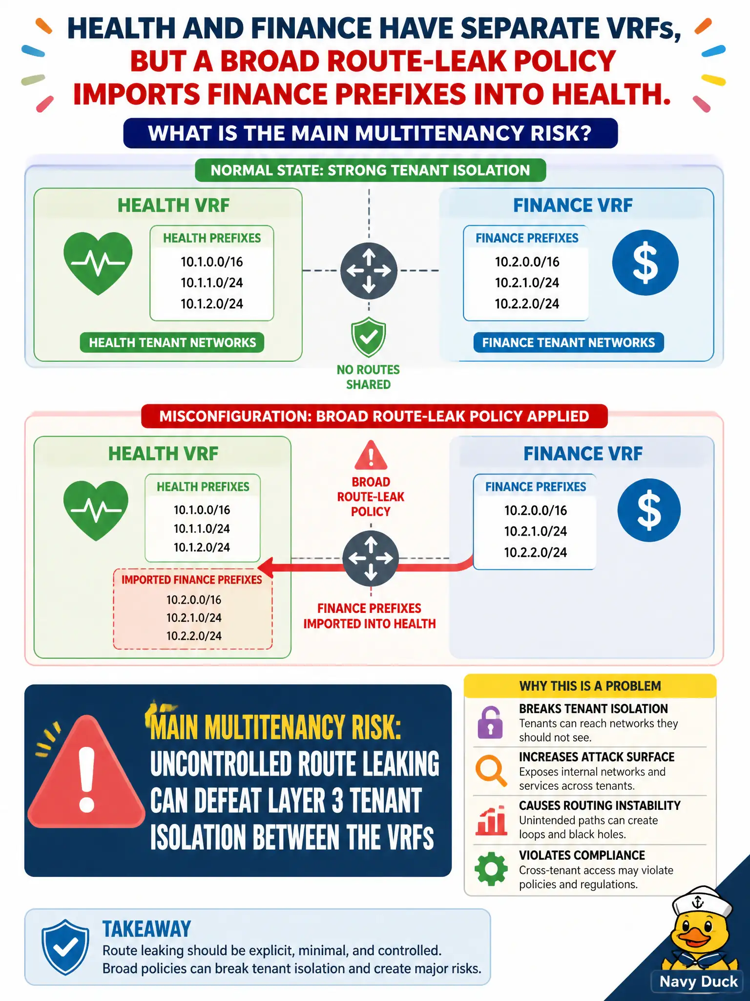 To Create an exciting colorful infographic that explains the concepts in the question: Question: Health and Finance each have separate VRFs, but an engineer adds a broad route-leak policy that imports Finance prefixes into Health. What is the main multitenancy risk? Correct Answer: Uncontrolled route leaking can defeat Layer 3 tenant isolation between the VRFs Put EVERY visible label in double quotes. No people. No A/B/C/D letters. In one of the four corners put a little "Navy Duck".