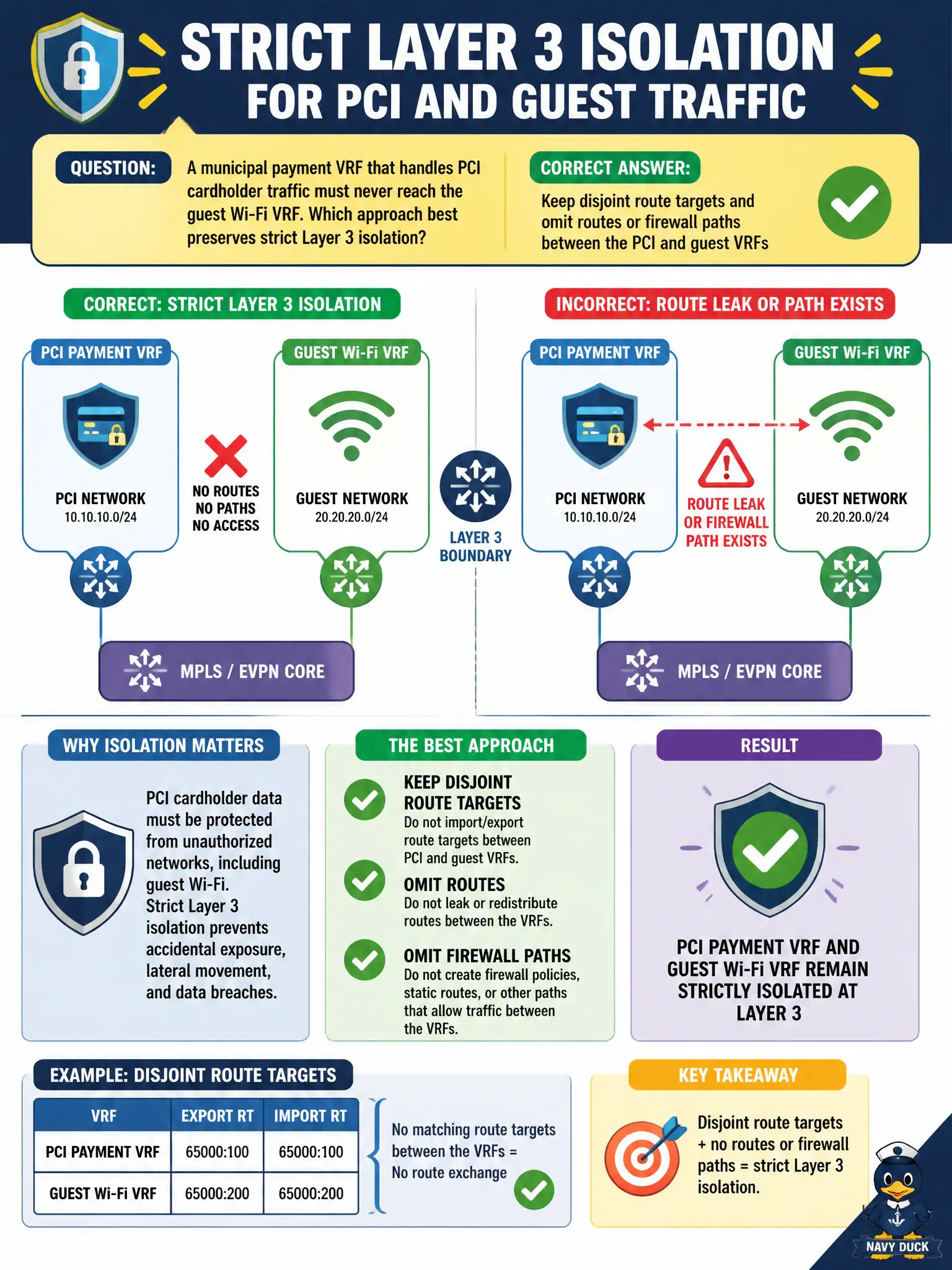 To Create an exciting colorful infographic that explains the concepts in the question: Question: A municipal payment VRF that handles PCI cardholder traffic must never reach the guest Wi-Fi VRF. Which approach best preserves strict Layer 3 isolation? Correct Answer: Keep disjoint route targets and omit routes or firewall paths between the PCI and guest VRFs Put EVERY visible label in double quotes. No people. No A/B/C/D letters. In one of the four corners put a little "Navy Duck".