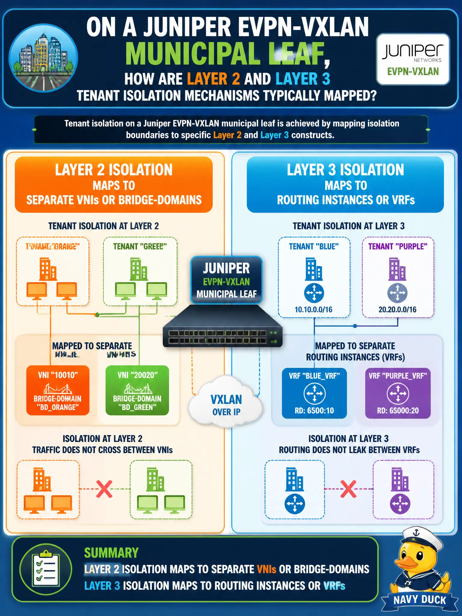 To Create an exciting colorful infographic that explains the concepts in the question: Question: On a Juniper EVPN-VXLAN municipal leaf, how are Layer 2 and Layer 3 tenant isolation mechanisms typically mapped? Correct Answer: L2 isolation maps to separate VNIs or bridge-domains; L3 isolation maps to routing instances or VRFs Put EVERY visible label in double quotes. No people. No A/B/C/D letters. In one of the four corners put a little "Navy Duck".