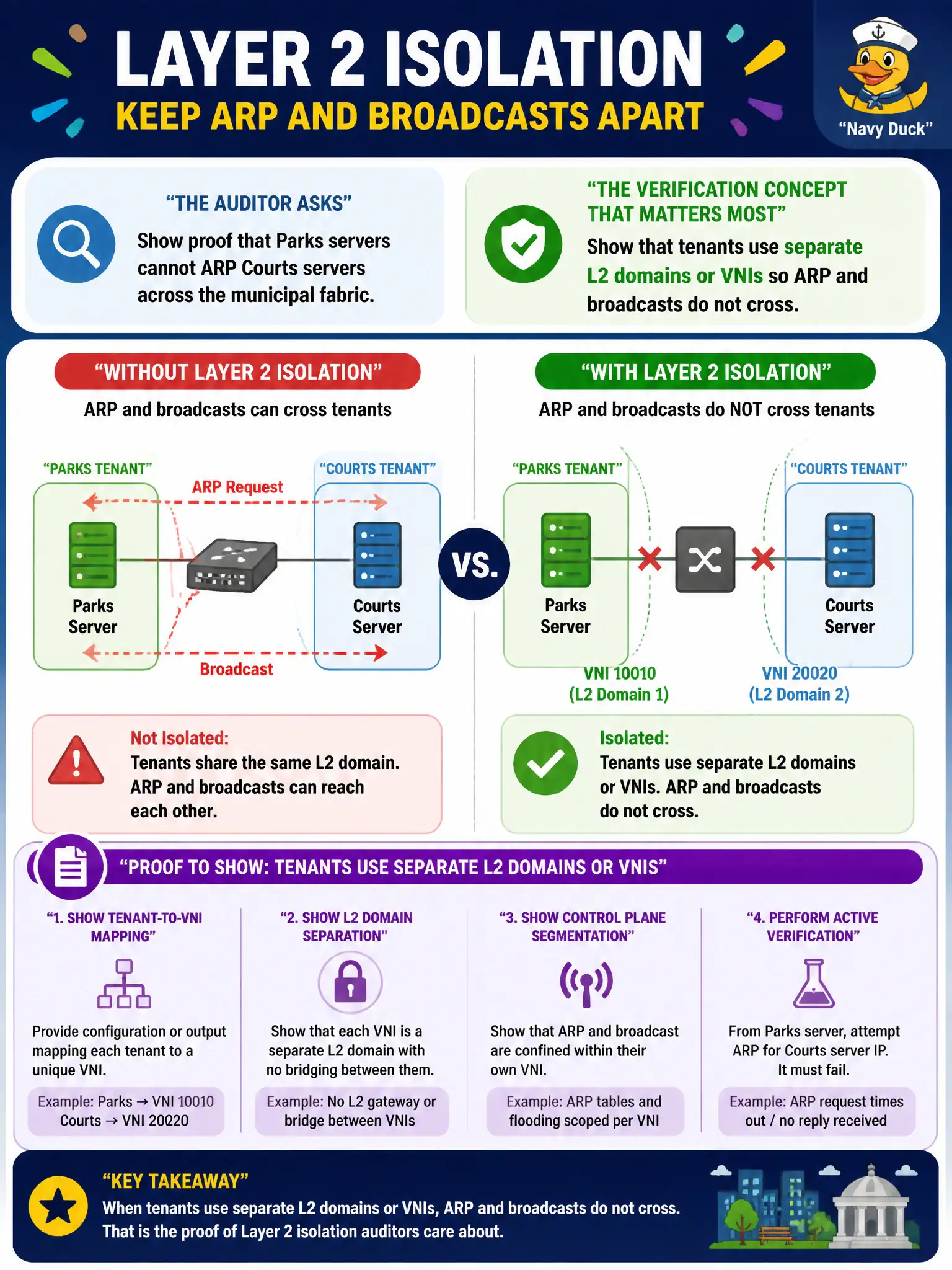 To Create an exciting colorful infographic that explains the concepts in the question: Question: An auditor asks for proof that Parks servers cannot ARP Courts servers across the municipal fabric. Which verification concept matters most for Layer 2 isolation? Correct Answer: Show that tenants use separate L2 domains or VNIs so ARP and broadcasts do not cross Put EVERY visible label in double quotes. No people. No A/B/C/D letters. In one of the four corners put a little "Navy Duck".