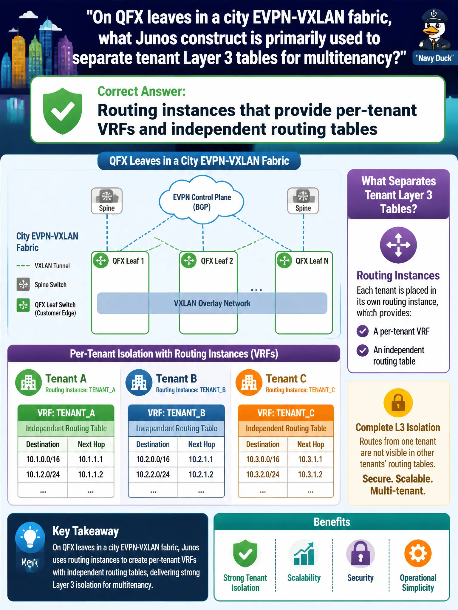 To Create an exciting colorful infographic that explains the concepts in the question: Question: On QFX leaves in a city EVPN-VXLAN fabric, what Junos construct is primarily used to separate tenant Layer 3 tables for multitenancy? Correct Answer: Routing instances that provide per-tenant VRFs and independent routing tables Put EVERY visible label in double quotes. No people. No A/B/C/D letters. In one of the four corners put a little "Navy Duck".