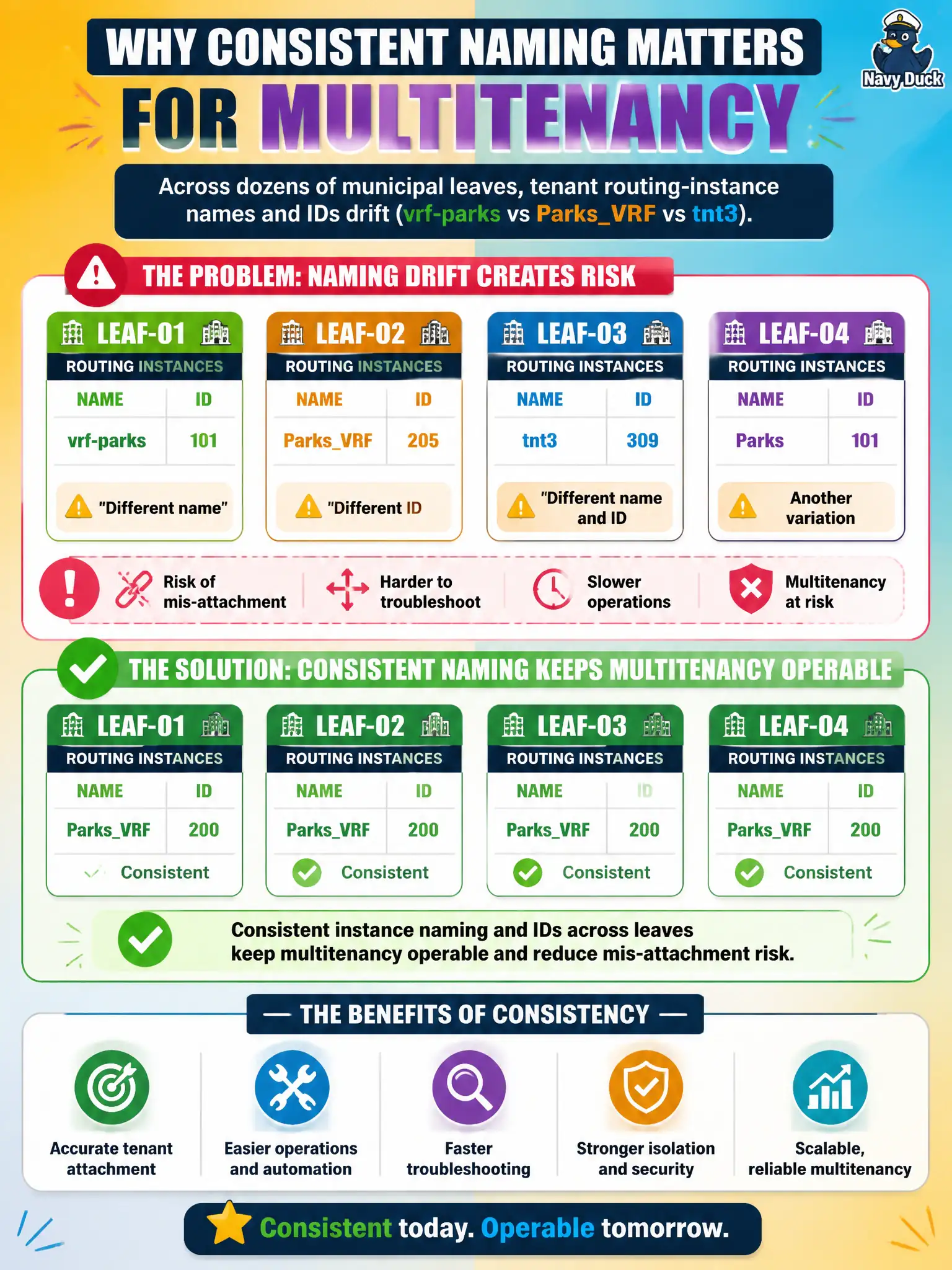 To Create an exciting colorful infographic that explains the concepts in the question: Question: Across dozens of municipal leaves, tenant routing-instance names and IDs drift (vrf-parks vs ParksVRF vs tnt3). Why does consistent naming matter for multitenancy? Correct Answer: Consistent instance naming and IDs across leaves keep multitenancy operable and reduce mis-attachment risk Put EVERY visible label in double quotes. No people. No A/B/C/D letters. In one of the four corners put a little "Navy Duck".