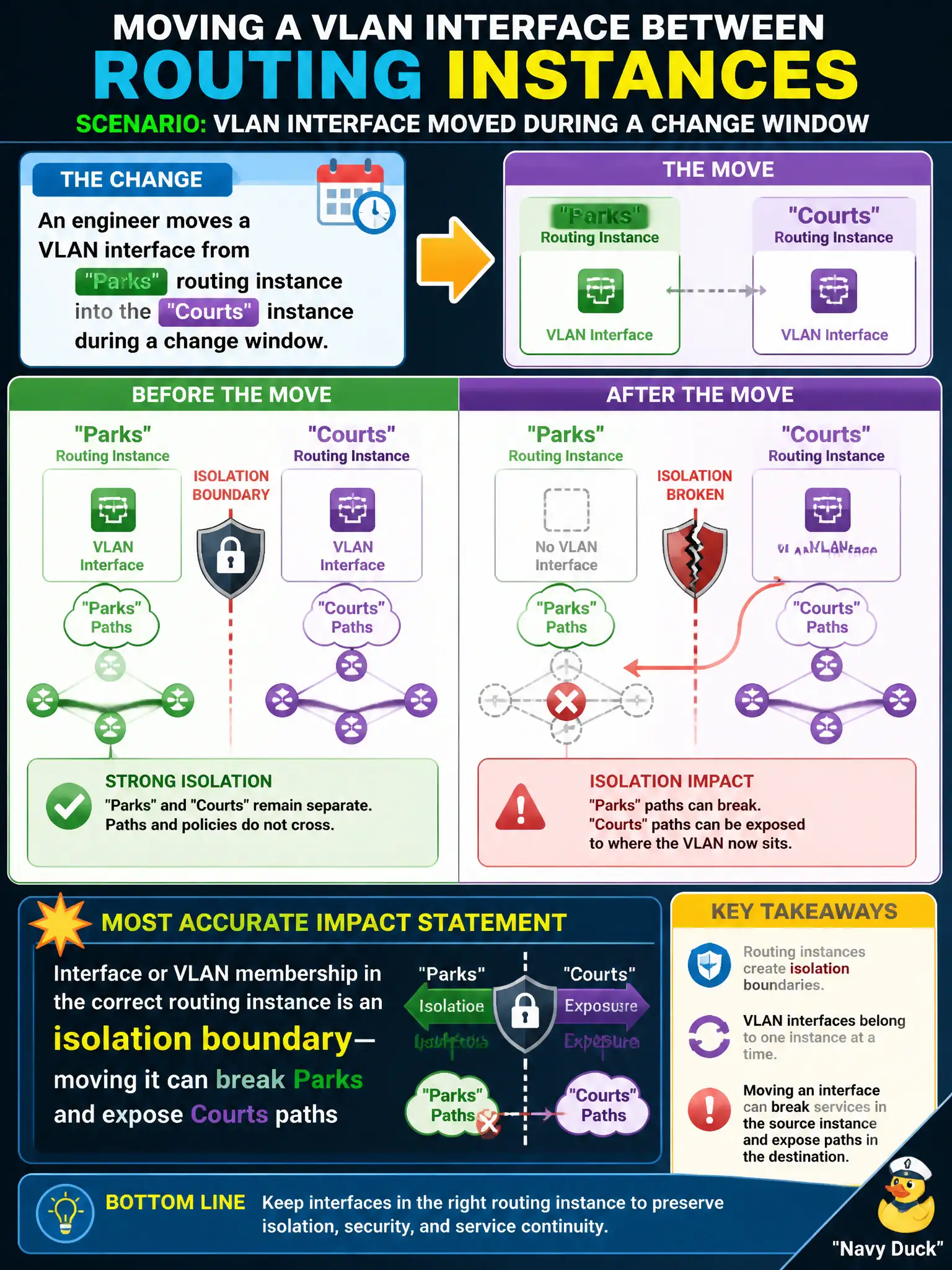 To Create an exciting colorful infographic that explains the concepts in the question: Question: An engineer moves a VLAN interface from the Parks routing instance into the Courts instance during a change window. What is the most accurate impact statement? Correct Answer: Interface or VLAN membership in the correct routing instance is an isolation boundary—moving it can break Parks and expose Courts paths Put EVERY visible label in double quotes. No people. No A/B/C/D letters. In one of the four corners put a little "Navy Duck".