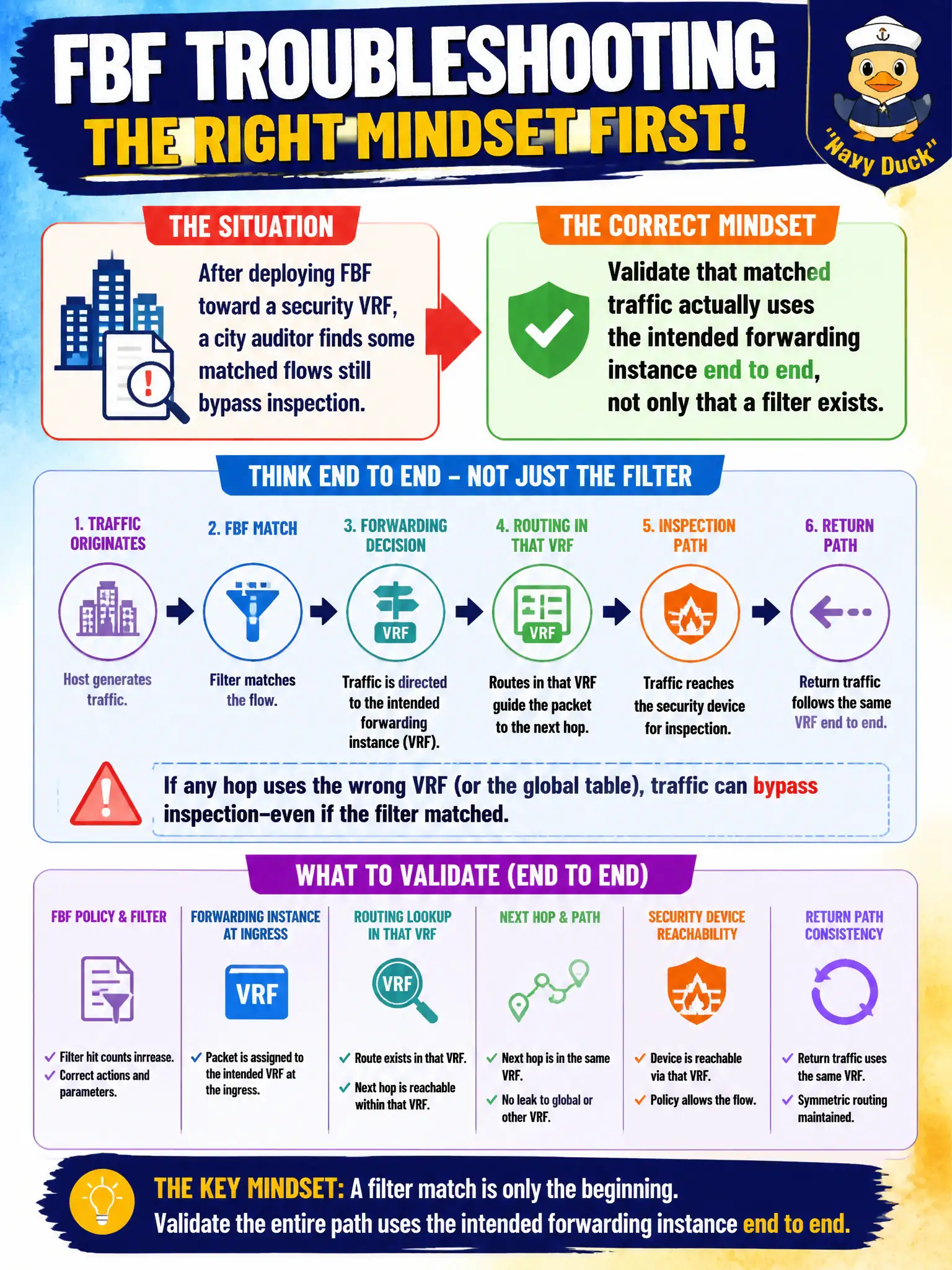 To Create an exciting colorful infographic that explains the concepts in the question: Question: After deploying FBF toward a security VRF, a city auditor finds some matched flows still bypass inspection. What troubleshooting mindset should the engineer apply first? Correct Answer: Validate that matched traffic actually uses the intended forwarding instance end to end, not only that a filter exists. Put EVERY visible label in double quotes. No people. No A/B/C/D letters. In one of the four corners put a little "Navy Duck".