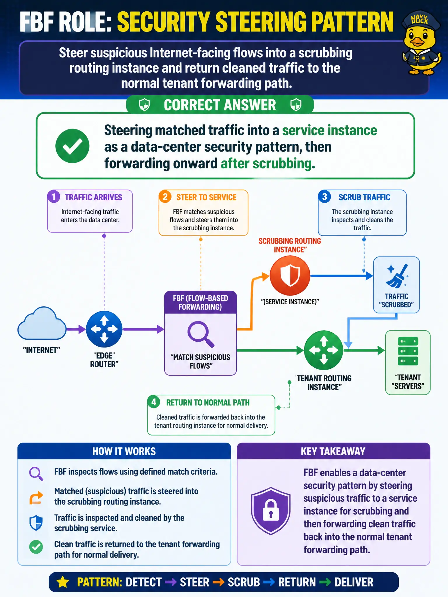 To Create an exciting colorful infographic that explains the concepts in the question: Question: A city security design must send suspicious Internet-facing flows into a scrubbing routing instance and then return cleaned traffic to the normal tenant forwarding path. Which pattern best describes this FBF role? Correct Answer: Steering matched traffic into a service instance as a data-center security pattern, then forwarding onward after scrubbing. Put EVERY visible label in double quotes. No people. No A/B/C/D letters. In one of the four corners put a little "Navy Duck".