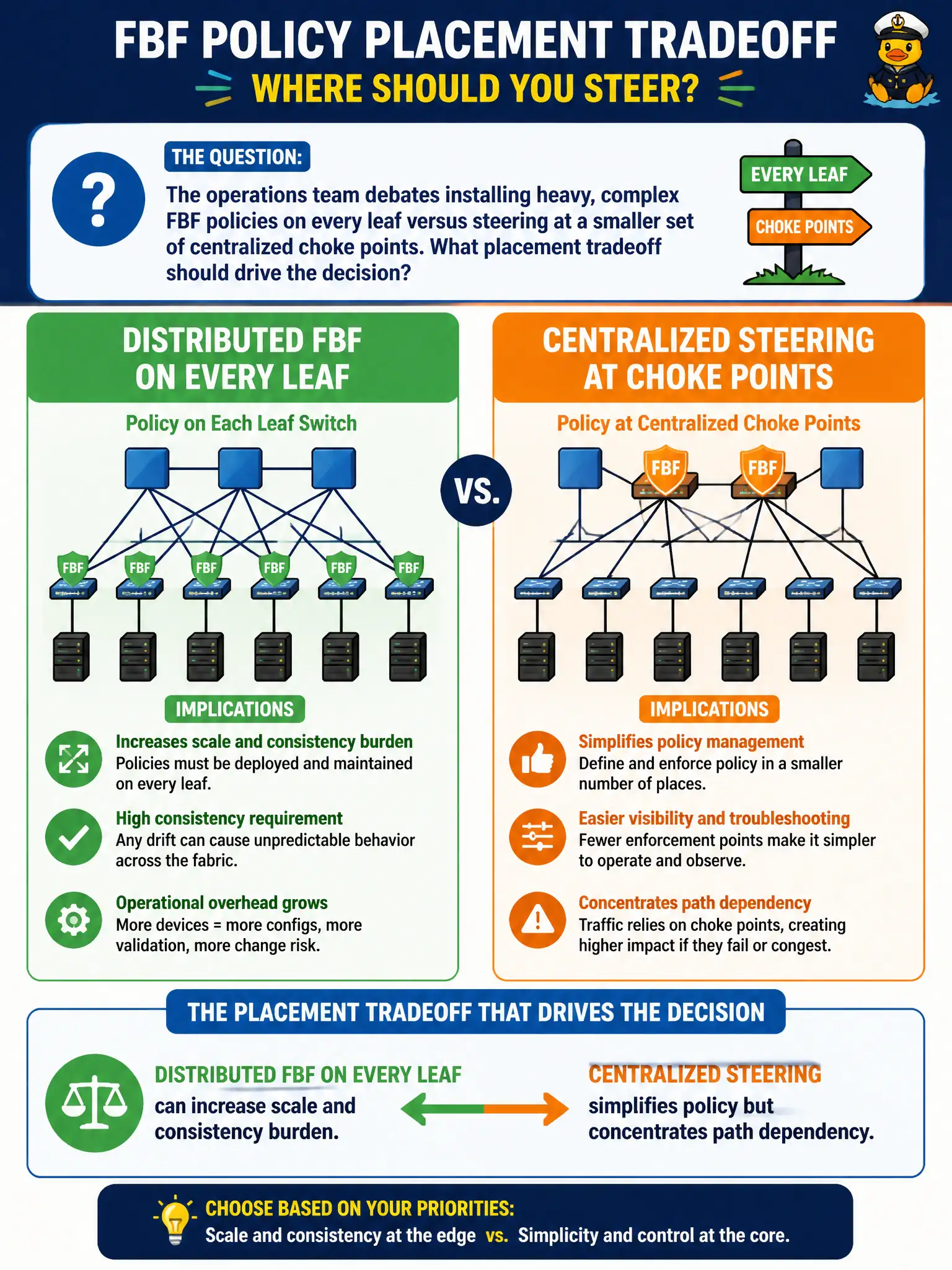 To Create an exciting colorful infographic that explains the concepts in the question: Question: The operations team debates installing heavy, complex FBF policies on every leaf versus steering at a smaller set of centralized choke points. What placement tradeoff should drive the decision? Correct Answer: Distributed FBF on every leaf can increase scale and consistency burden, while centralized steering simplifies policy but concentrates path dependency. Put EVERY visible label in double quotes. No people. No A/B/C/D letters. In one of the four corners put a little "Navy Duck".