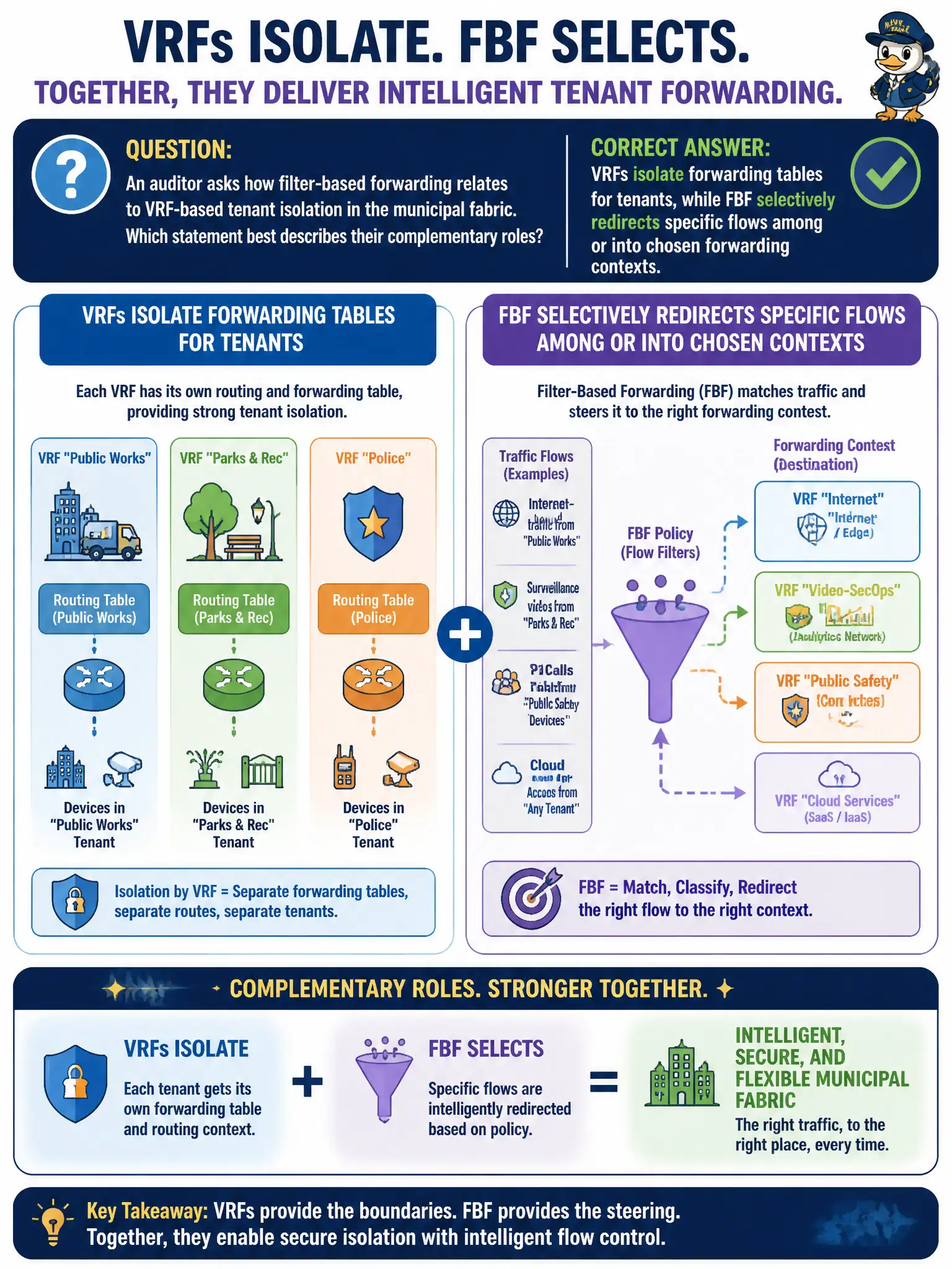 To Create an exciting colorful infographic that explains the concepts in the question: Question: An auditor asks how filter-based forwarding relates to VRF-based tenant isolation in the municipal fabric. Which statement best describes their complementary roles? Correct Answer: VRFs isolate forwarding tables for tenants, while FBF selectively redirects specific flows among or into chosen forwarding contexts. Put EVERY visible label in double quotes. No people. No A/B/C/D letters. In one of the four corners put a little "Navy Duck".