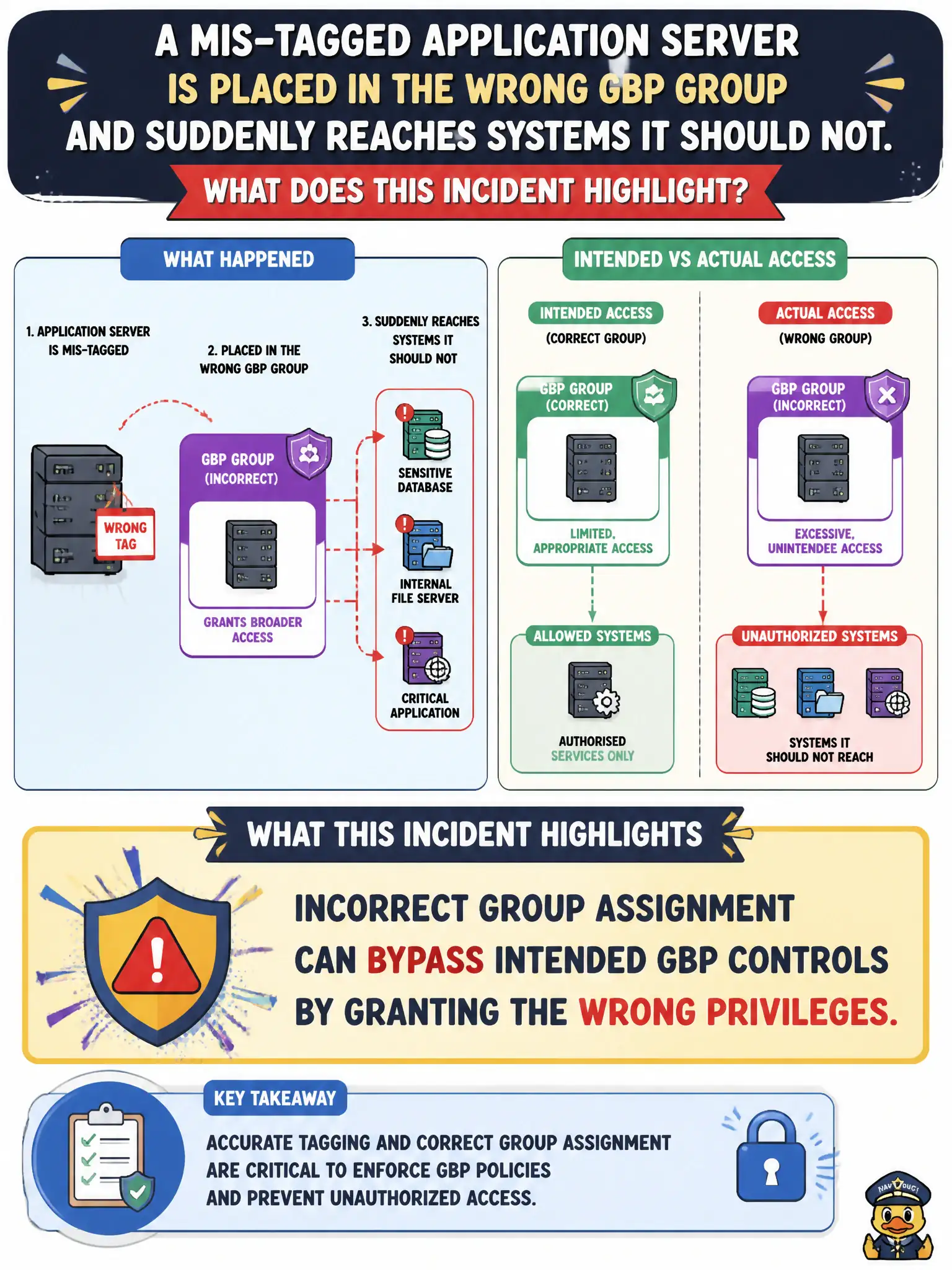 To Create an exciting colorful infographic that explains the concepts in the question: Question: A mis-tagged application server is placed in the wrong GBP group and suddenly reaches systems it should not. What does this incident highlight? Correct Answer: Incorrect group assignment can bypass intended GBP controls by granting the wrong privileges. Put EVERY visible label in double quotes. No people. No A/B/C/D letters. In one of the four corners put a little "Navy Duck".