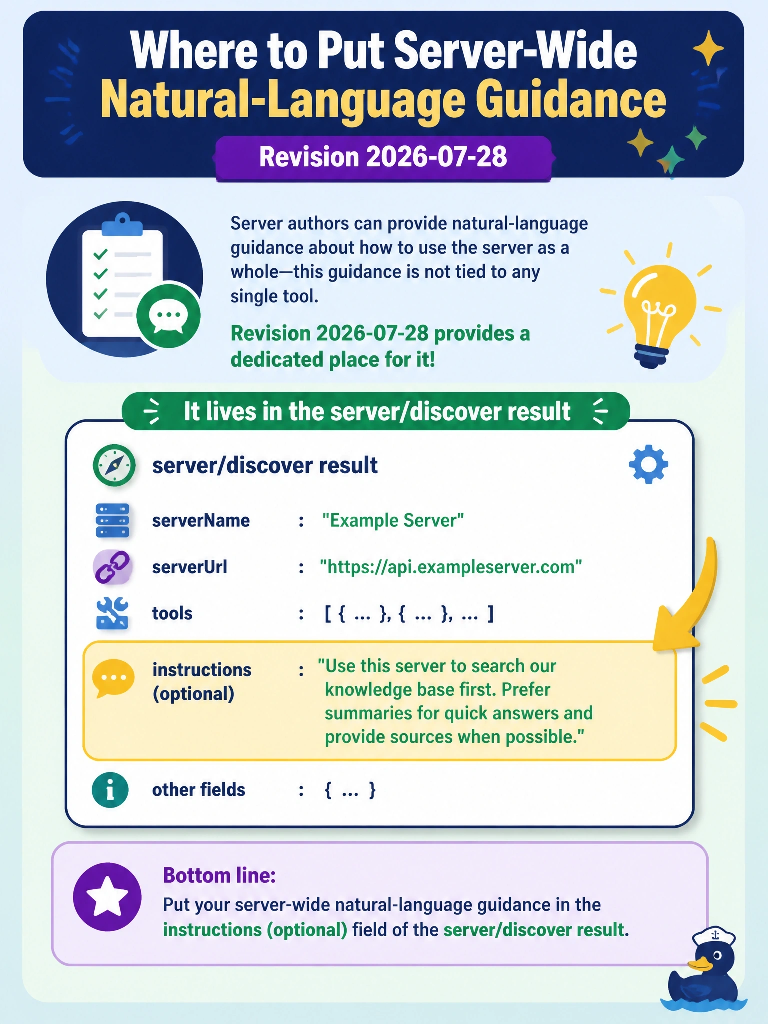 To Create an exciting colorful infographic that explains the concepts in the question: Question: A server author wants to give the language model natural-language guidance on how to use the server as a whole, not tied to any single tool. Where does revision 2026-07-28 provide for this? Correct Answer: In the optional instructions field of the server's server/discover result Put EVERY visible label in double quotes. No people. No A/B/C/D letters. In one of the four corners put a little "Navy Duck".