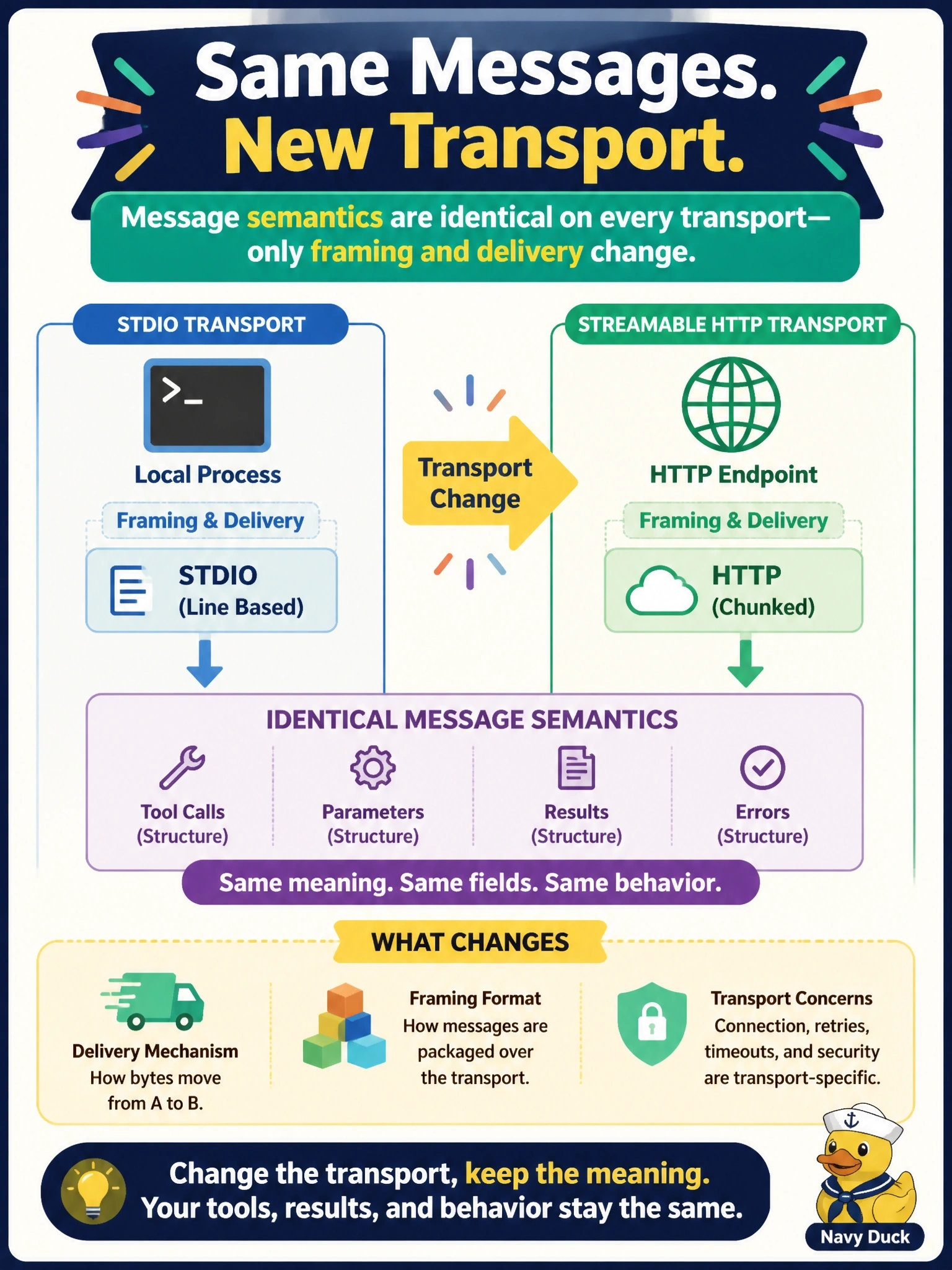 To Create an exciting colorful infographic that explains the concepts in the question: Question: A team moves an MCP server from stdio to Streamable HTTP. A teammate worries that tools/call results will need a different structure on the new transport. What is accurate? Correct Answer: Message semantics are identical on every transport, so only framing and delivery change Put EVERY visible label in double quotes. No people. No A/B/C/D letters. In one of the four corners put a little "Navy Duck".