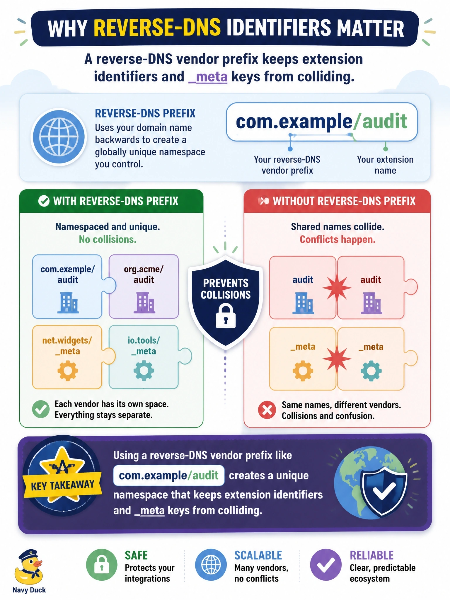 To Create an exciting colorful infographic that explains the concepts in the question: Question: A company defines its own MCP extension and gives it the identifier com.example/audit. Why does the specification call for an identifier in this form? Correct Answer: A reverse-DNS vendor prefix keeps extension identifiers and meta keys from colliding Put EVERY visible label in double quotes. No people. No A/B/C/D letters. In one of the four corners put a little "Navy Duck".
