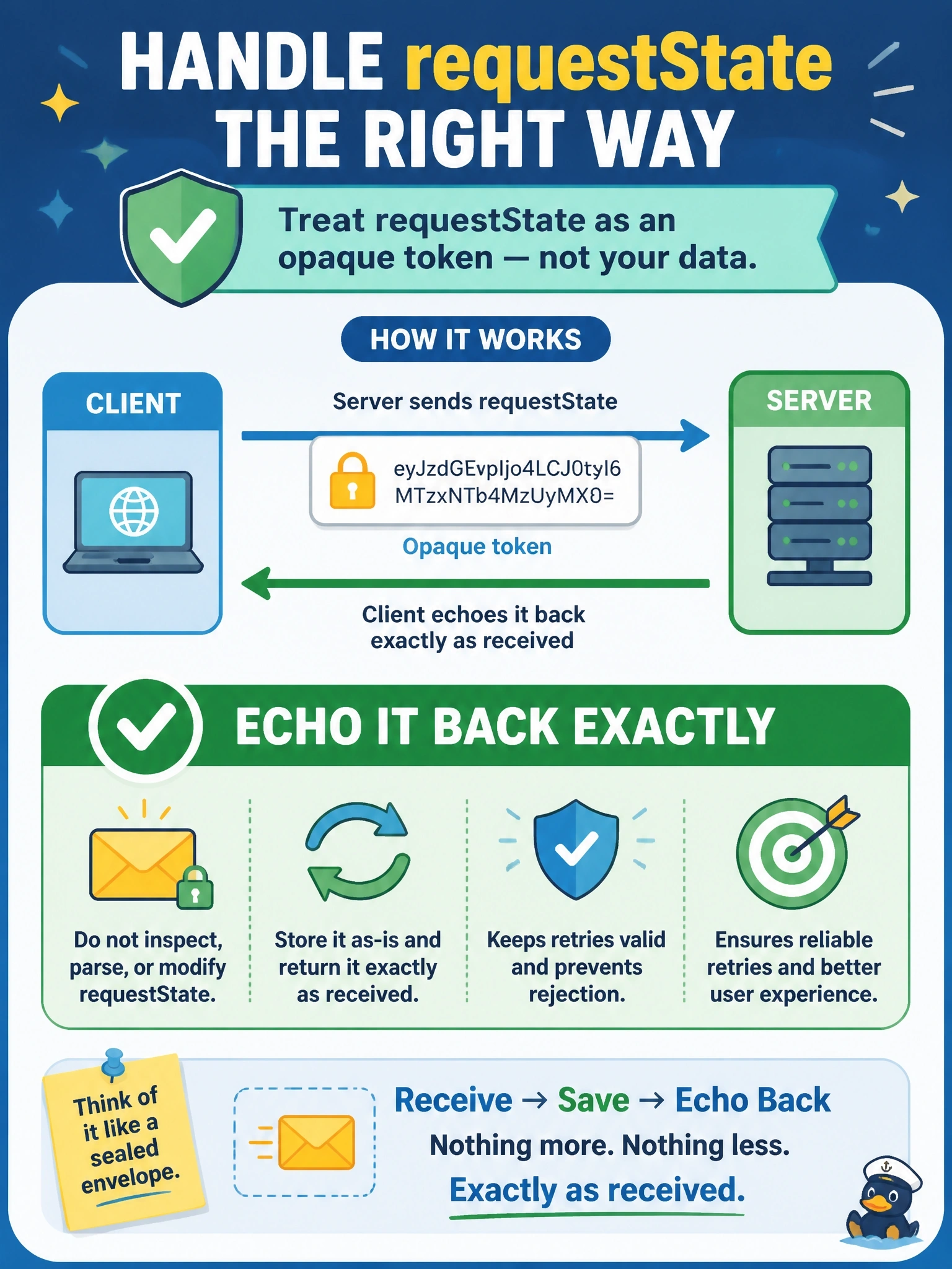 To Create an exciting colorful infographic that explains the concepts in the question: Question: A client team notices that a server's requestState looks like base64-encoded JSON containing a step counter. To save a round trip, their client decodes it, increments the counter, re-encodes it and sends it on the retry. The server now rejects those retries. What should the client do instead? Correct Answer: Echo requestState back exactly as received, never inspecting, parsing or modifying it Put EVERY visible label in double quotes. No people. No A/B/C/D letters. In one of the four corners put a little "Navy Duck".