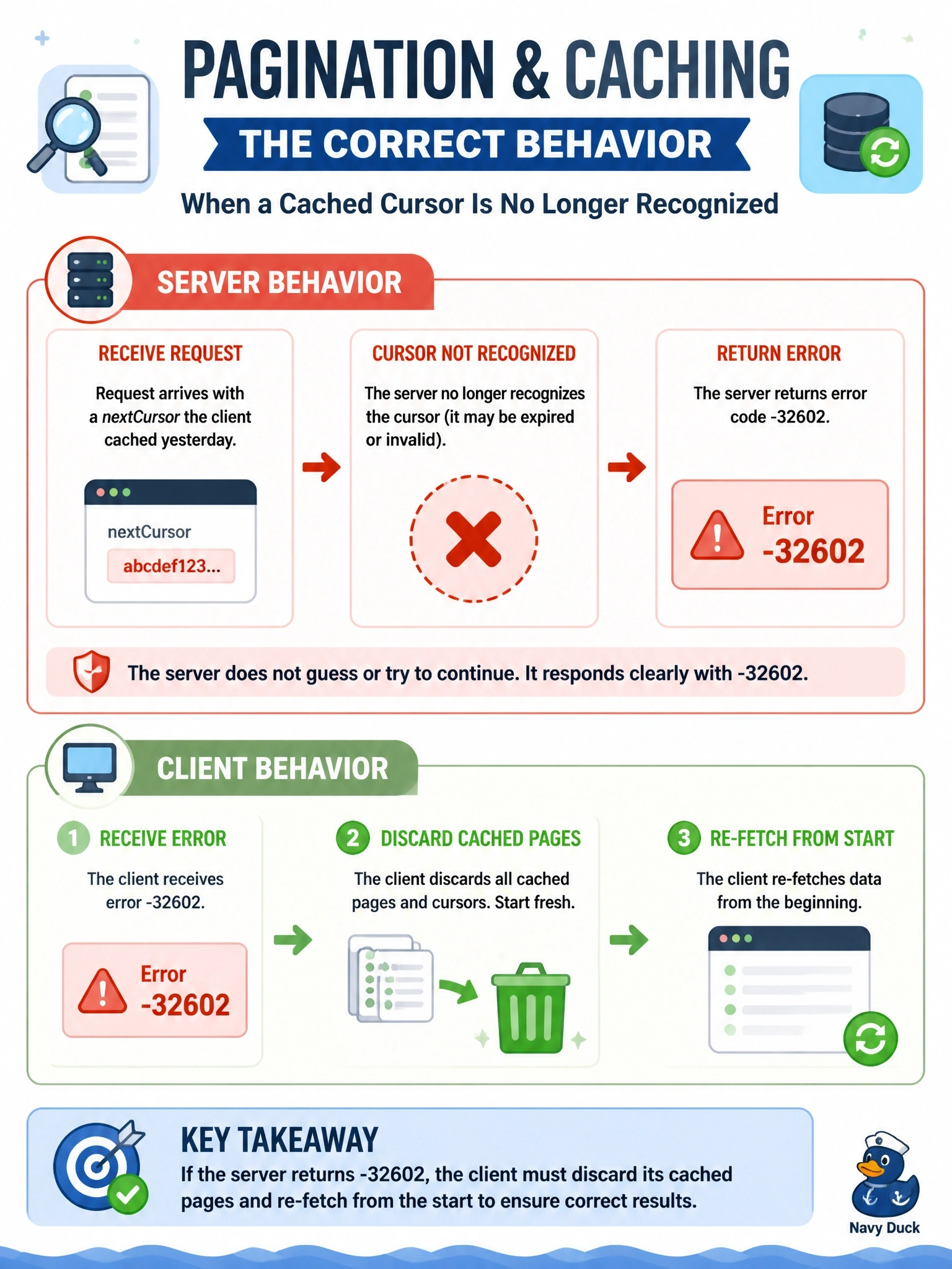 To Create an exciting colorful infographic that explains the concepts in the question: Question: A client paginating tools/list sends a nextCursor it cached yesterday. The server no longer recognizes that cursor and returns an error. How should both sides behave according to the pagination and caching rules? Correct Answer: The server returns -32602; the client discards its cached pages and re-fetches from the start Put EVERY visible label in double quotes. No people. No A/B/C/D letters. In one of the four corners put a little "Navy Duck".