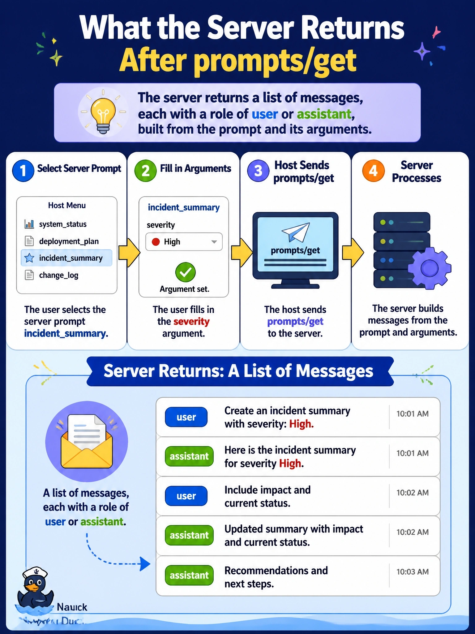 To Create an exciting colorful infographic that explains the concepts in the question: Question: A user selects a server prompt called incidentsummary in a host's menu and fills in its severity argument. The host then sends prompts/get. What does the server return? Correct Answer: A list of messages, each with a role of user or assistant, built from the prompt and its arguments Put EVERY visible label in double quotes. No people. No A/B/C/D letters. In one of the four corners put a little "Navy Duck".