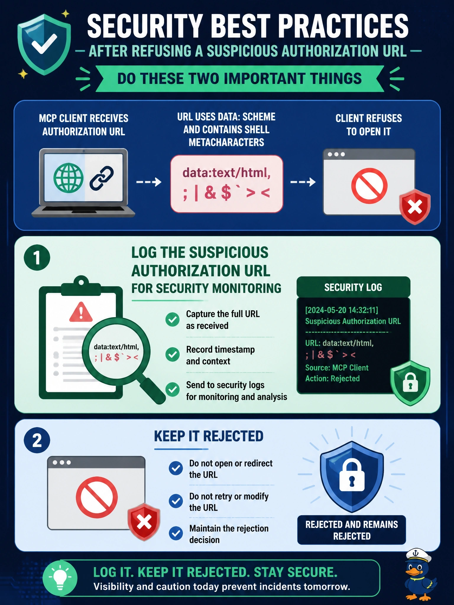 To Create an exciting colorful infographic that explains the concepts in the question: Question: An MCP client receives an authorization URL from a server that uses a data: scheme and contains shell metacharacters. After refusing to open it, what else does the security best practices guidance recommend? Correct Answer: Log the suspicious authorization URL for security monitoring and keep it rejected Put EVERY visible label in double quotes. No people. No A/B/C/D letters. In one of the four corners put a little "Navy Duck".