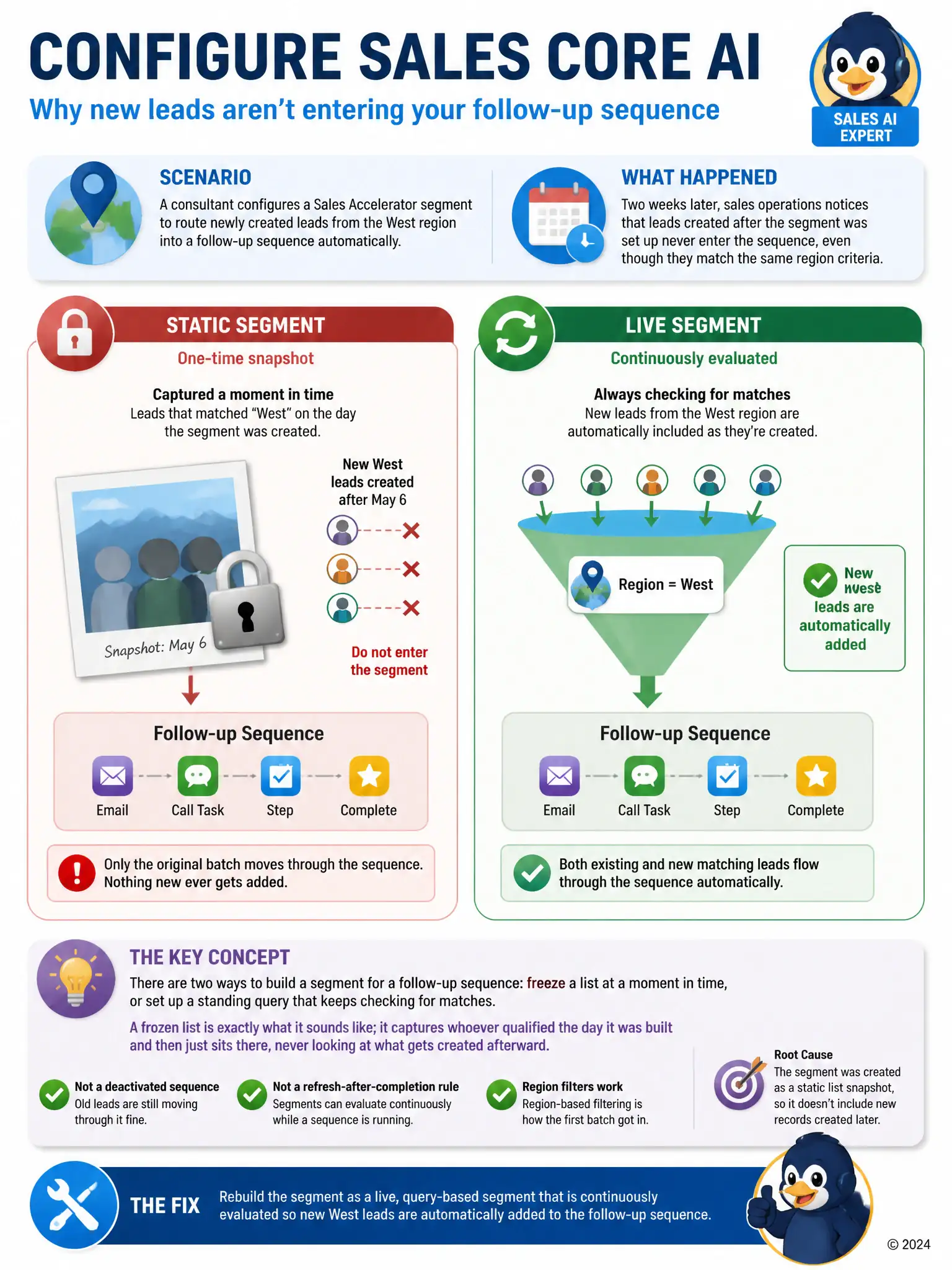 Portrait infographic contrasting two boxes: 'Static segment' shown as a sealed snapshot photo with a padlock and new leads bouncing off, versus 'Live segment' shown as a flowing funnel continuously admitting new matching leads into a sequence.