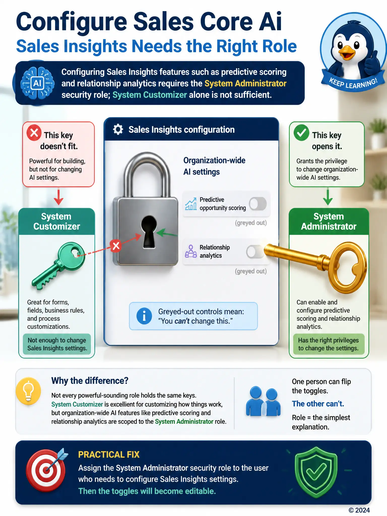 Portrait infographic: a locked settings panel labeled 'Sales Insights configuration' with two keys shown side by side, a small key labeled 'System Customizer' that doesn't fit the lock, and a larger key labeled 'System Administrator' that opens it.