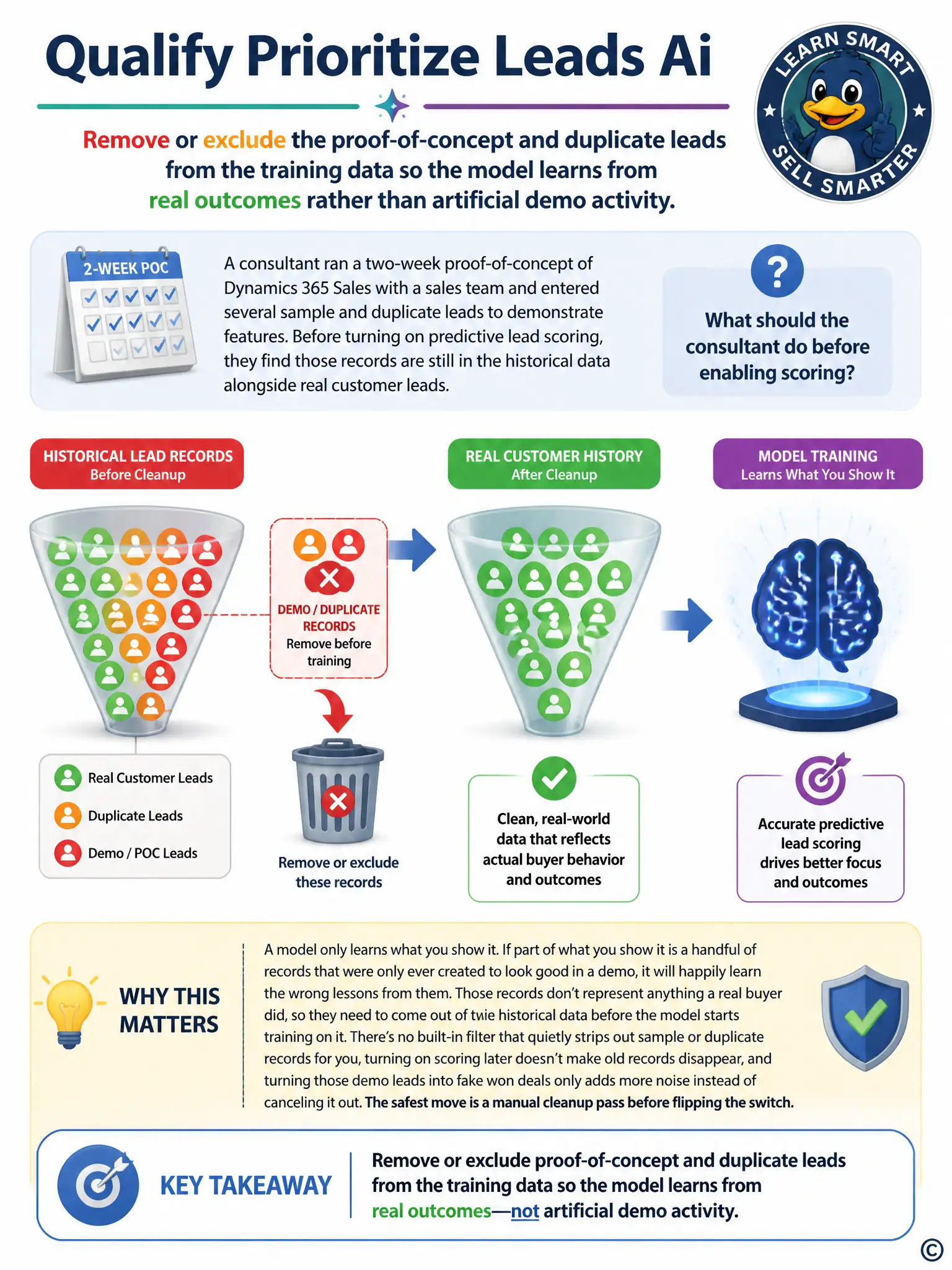 Portrait infographic: a funnel of historical lead records with a subset highlighted and labeled 'demo/duplicate records - remove before training', an arrow showing removal, then a cleaner funnel labeled 'real customer history' feeding into a model training icon.