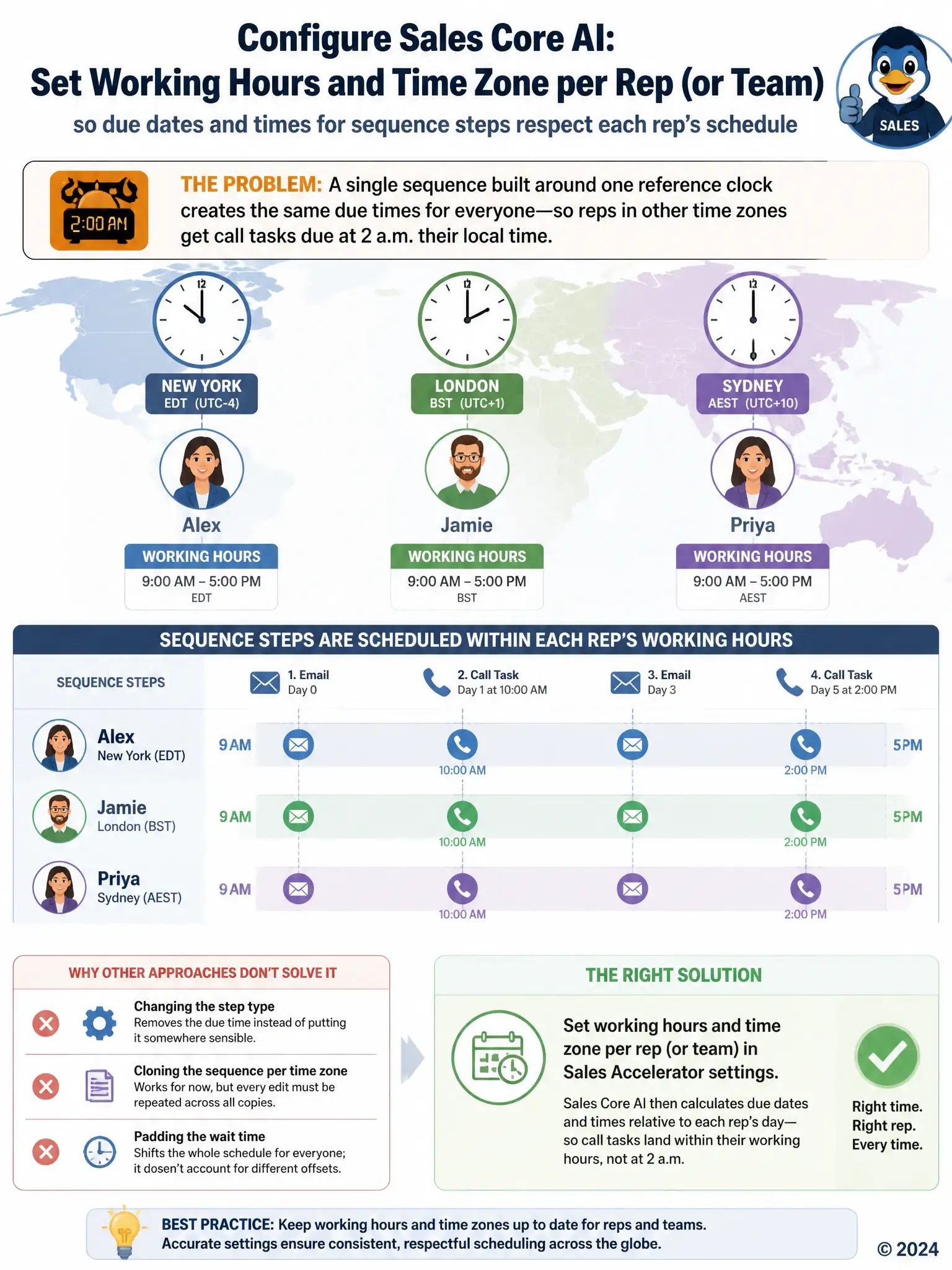 Portrait infographic showing a world map with three time zone clocks, each connected to a rep icon with their own 'working hours' band; a sequence step timeline aligns call tasks within each band rather than a single shared clock, avoiding a 2am alarm icon.