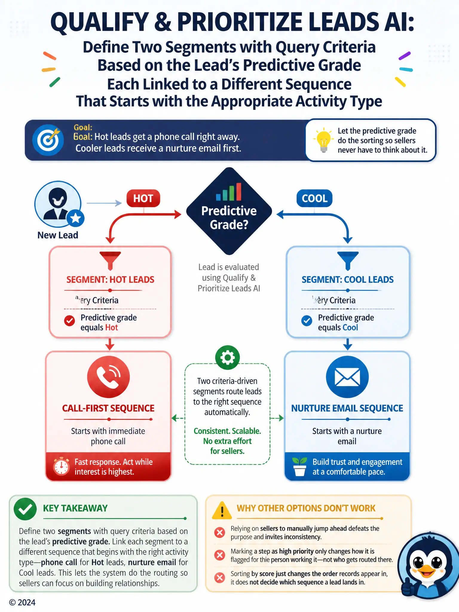 Flowchart: a lead icon splits at a grade-check diamond into two paths, Hot path leads to a phone icon labeled Call-First Sequence, Cool path leads to an envelope icon labeled Nurture Email Sequence, both paths originating from segment filter boxes.