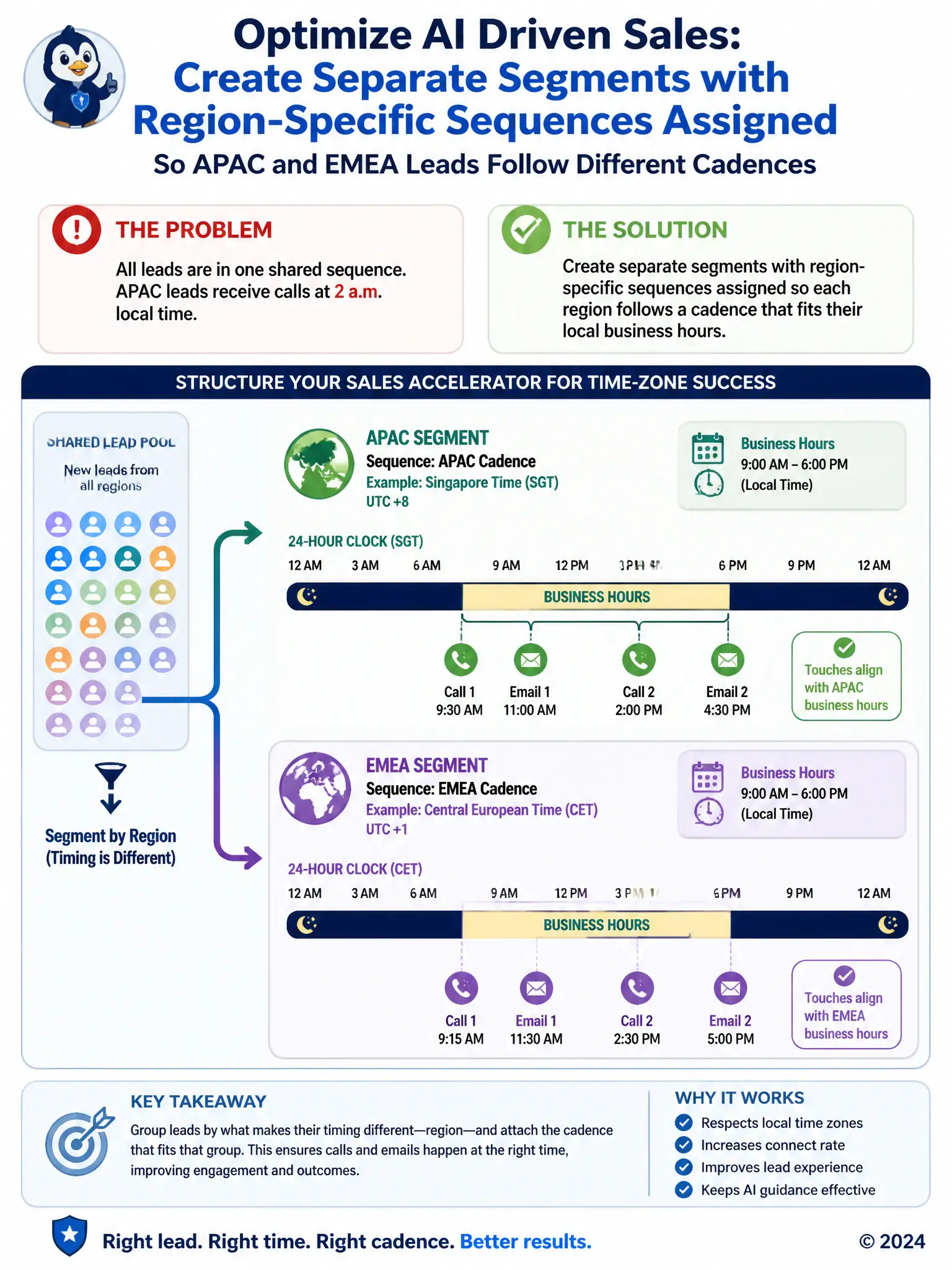 Portrait infographic: a branching flow from a shared lead pool splitting into two parallel timeline tracks labeled by region, each showing call/email touchpoints positioned along a 24-hour clock band matched to that region's business hours.