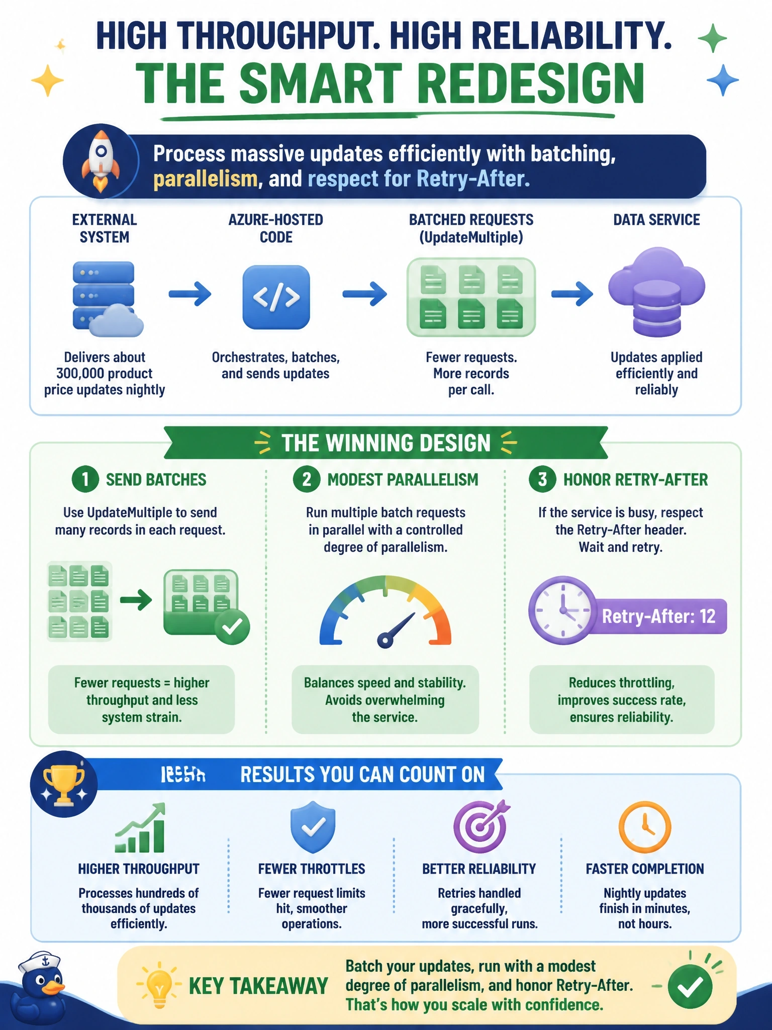 To Create an exciting colorful infographic that explains the concepts in the question: Question: Every night an external system delivers about 300,000 product price updates. The current design runs one cloud flow per record, which takes hours and regularly hits service protection limits. Which redesign best addresses throughput and reliability? Correct Answer: Run the load in Azure-hosted code that sends batches with UpdateMultiple, uses a modest degree of parallelism and honors Retry-After. Put EVERY visible label in double quotes. No people. No A/B/C/D letters. In one of the four corners put a little "Navy Duck".