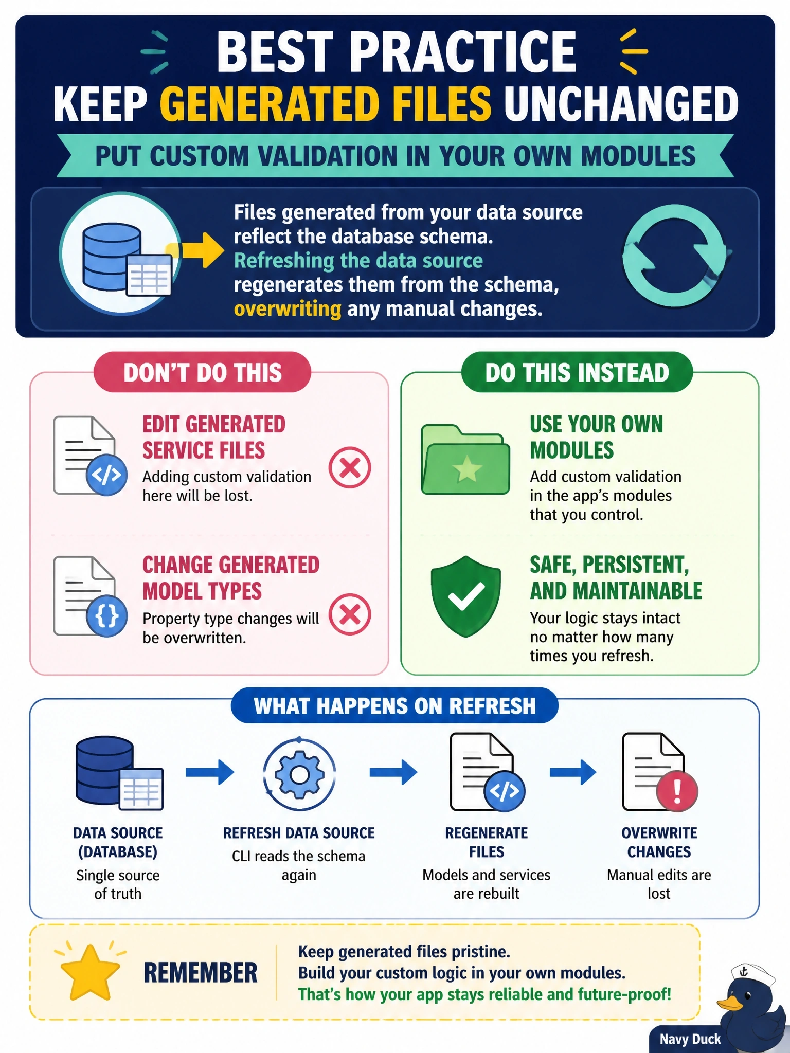 To Create an exciting colorful infographic that explains the concepts in the question: Question: A developer added a SQL table as a data source to a code app, and the CLI generated model and service files in the project. A teammate wants to add a custom validation method directly inside the generated service file and change a property type in the generated model. What should the developer advise? Correct Answer: Keep the generated files unchanged and add validation in the app's own modules, because refreshing the data source regenerates them from the schema Put EVERY visible label in double quotes. No people. No A/B/C/D letters. In one of the four corners put a little "Navy Duck".