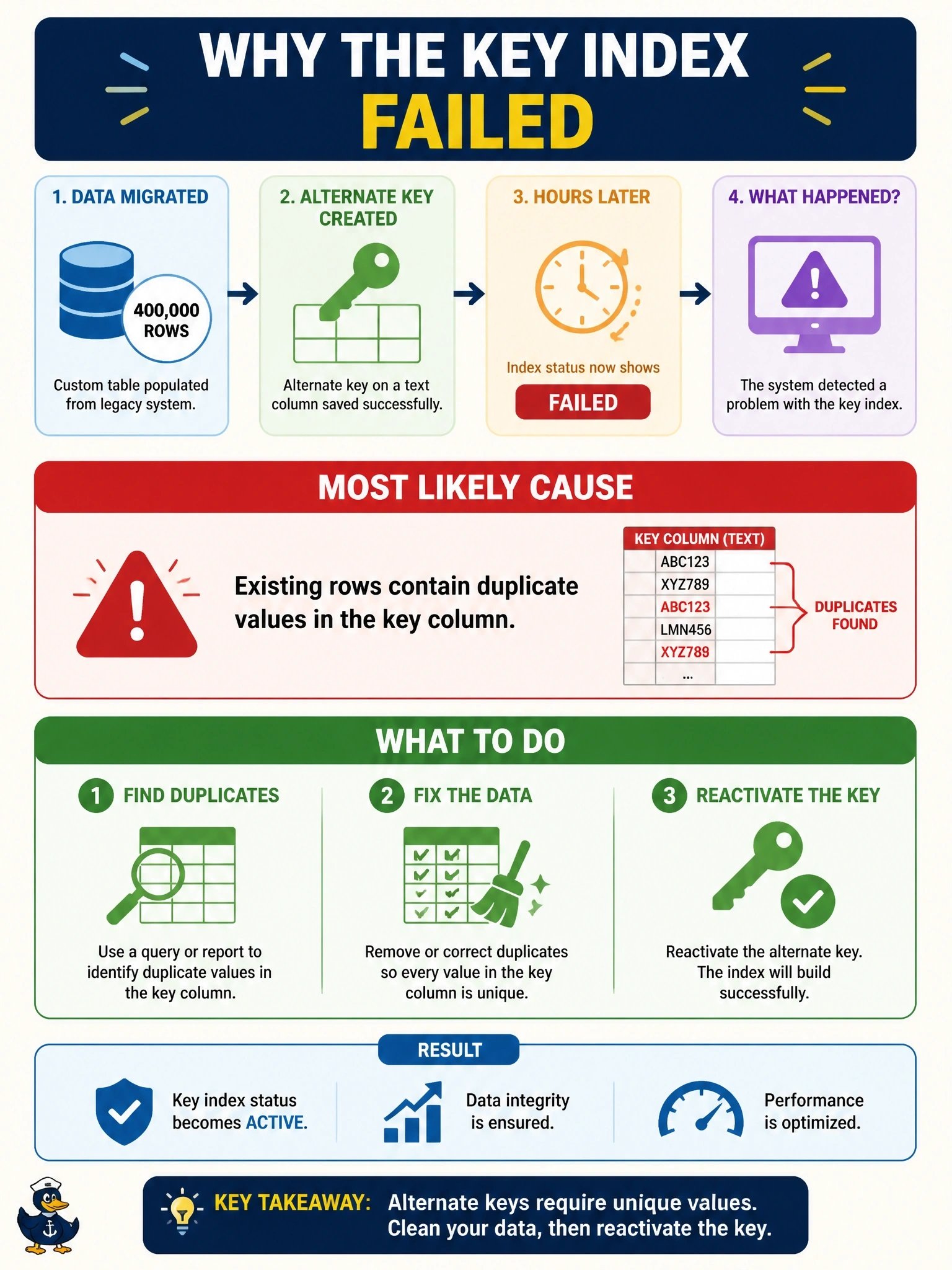 To Create an exciting colorful infographic that explains the concepts in the question: Question: A developer created an alternate key on a text column of a custom table that holds 400,000 rows migrated from a legacy system that never enforced uniqueness. The key saved without errors, but a few hours later its index status shows Failed. What is the most likely cause, and what should the developer do? Correct Answer: Existing rows contain duplicate values in the key column, so the developer should fix them and reactivate the key Put EVERY visible label in double quotes. No people. No A/B/C/D letters. In one of the four corners put a little "Navy Duck".
