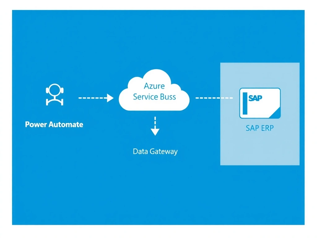 A technical architecture diagram showing: on the left, a Copilot Studio agent icon calling a Power Automate cloud flow action; in the middle, a cloud boundary with Azure Service Bus; on the right side of a firewall, an on-premises data gateway server connecting to an SAP ERP system. Arrows show the data flow from agent → Power Automate → Azure Service Bus → on-premises gateway → SAP. Labels clearly identify each component.