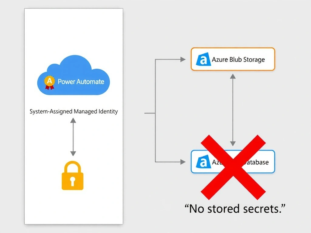 A clean diagram with two columns: left column shows a Power Automate cloud flow with a 'System-Assigned Managed Identity' badge icon; right column shows two Azure services — Azure Blob Storage and Azure SQL Database — each with an RBAC role assignment arrow coming from the managed identity. No passwords, keys, or secrets appear anywhere in the diagram. A red 'X' over a padlock icon emphasizes 'no stored secrets.'
