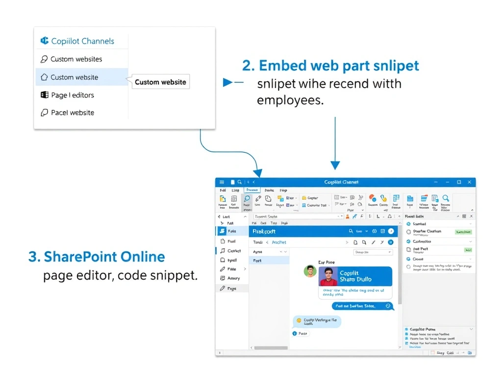 A step-by-step visual showing: (1) Copilot Studio Channels panel with 'Custom website' selected and an embed code snippet highlighted; (2) SharePoint Online page editor with the Embed web part selected and the snippet being pasted; (3) Final result showing a SharePoint intranet page with an embedded Copilot Studio chat window visible to an employee. Numbered steps 1-2-3 connecting the panels.