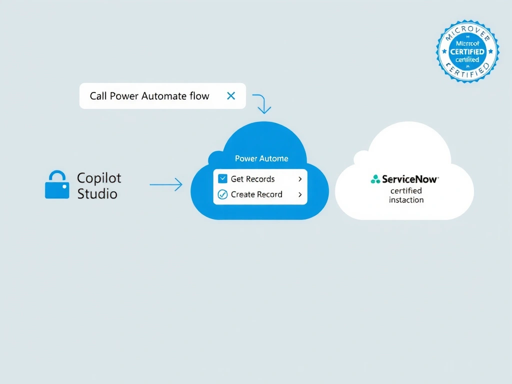 A diagram showing Copilot Studio agent on the left with a 'Call Power Automate flow' action arrow pointing to a Power Automate cloud flow in the middle. The cloud flow contains a ServiceNow certified connector tile showing 'Get Records' and 'Create Record' actions. On the right, the ServiceNow cloud instance with incident records. The certified connector logo and 'Microsoft certified' badge are visible.