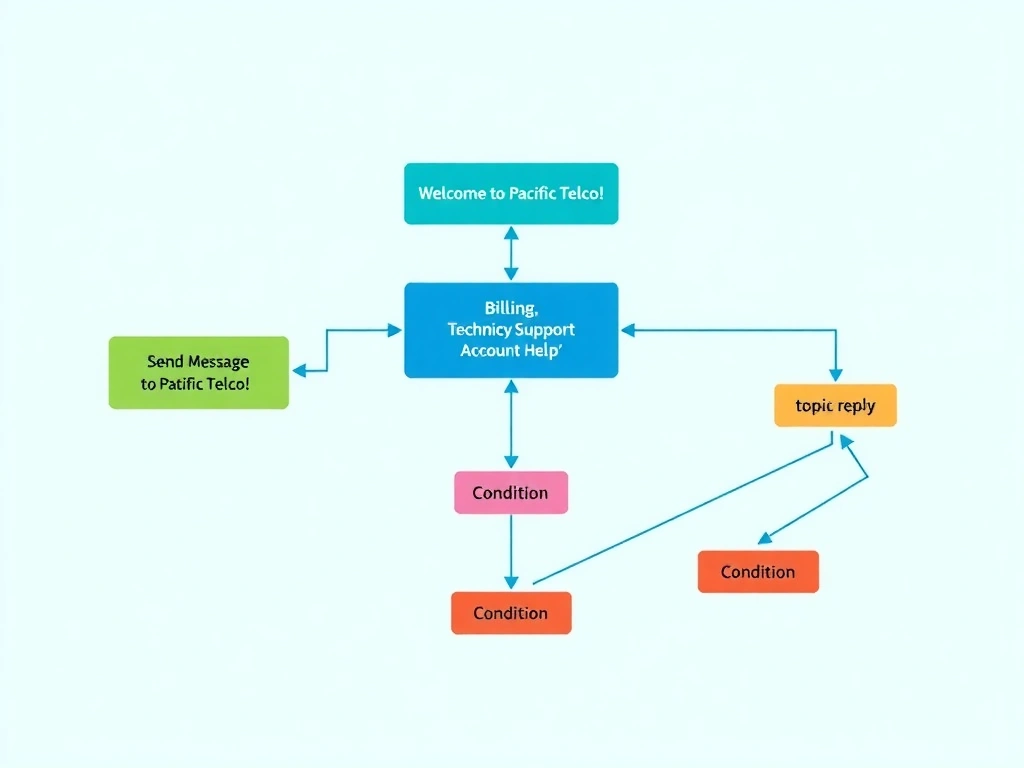 A Copilot Studio topic flow diagram showing three connected nodes in sequence: (1) a green 'Send Message' node displaying 'Welcome to Pacific Telco!'; (2) a blue 'Ask a Question' node with quick-reply options like 'Billing', 'Technical Support', 'Account Help'; (3) branching 'Condition' nodes routing to different colored topic boxes based on the customer's choice. Clean node-and-connector style matching Copilot Studio's authoring canvas.