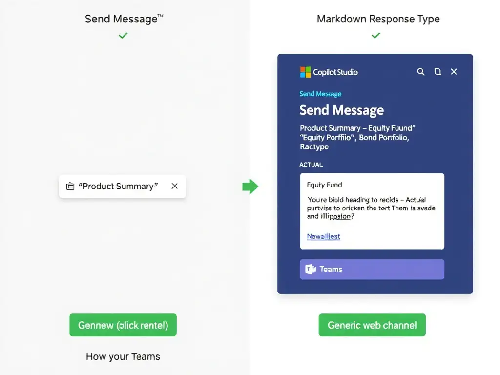A side-by-side comparison showing: Left panel — a Copilot Studio Send Message node with Markdown content showing 'Product Summary', '- Equity Fund', '- Bond Portfolio', and a hyperlink; Right panel — how this renders in a Microsoft Teams chat window with actual bold heading, formatted bullet list, and clickable hyperlink. A label above says 'Markdown Response Type'. Channel icons below show Teams (supported) and a generic web channel (supported) in green.