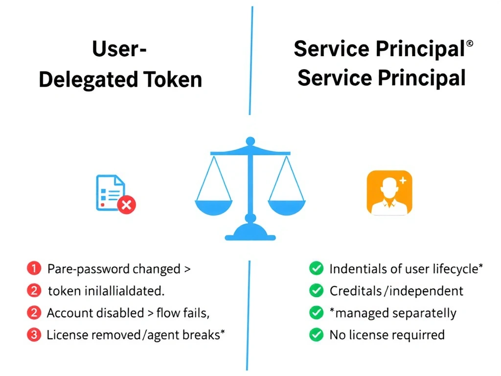 A two-column comparison diagram: Left column shows 'User-Delegated Token' with a shared service account icon, with three red warning icons: (1) 'Password changed → token invalidated'; (2) 'Account disabled → flow fails'; (3) 'License removed → agent breaks'. Right column shows 'Service Principal' with an application icon and three green checkmarks: (1) 'Independent of user lifecycle'; (2) 'Credentials managed separately'; (3) 'No license required'. A scale icon in the middle tips toward the service principal side.