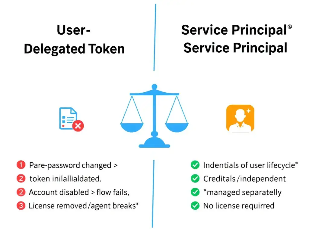 A two-column comparison diagram: Left column shows 'User-Delegated Token' with a shared service account icon, with three red warning icons: (1) 'Password changed → token invalidated'; (2) 'Account disabled → flow fails'; (3) 'License removed → agent breaks'. Right column shows 'Service Principal' with an application icon and three green checkmarks: (1) 'Independent of user lifecycle'; (2) 'Credentials managed separately'; (3) 'No license required'. A scale icon in the middle tips toward the service principal side.