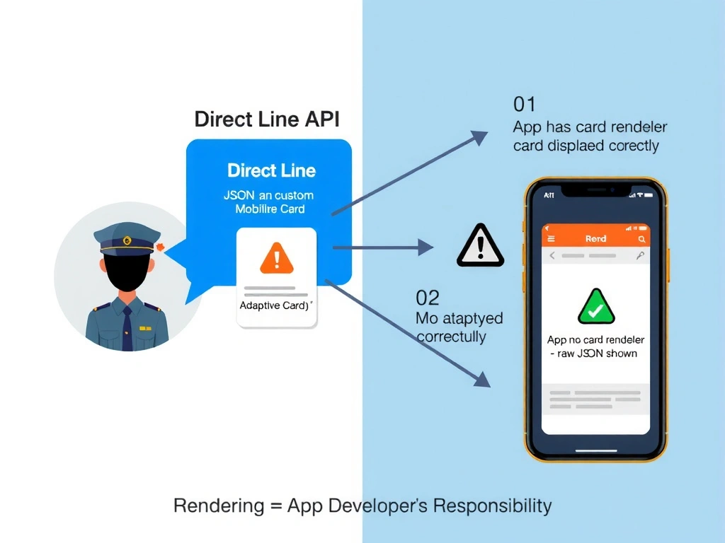 A diagram showing a Copilot Studio agent in the center sending messages via the Direct Line API to a custom mobile app on the right. The Direct Line message bubble contains JSON with an Adaptive Card attachment. On the right side of the mobile phone, two rendering scenarios: (1) 'App has card renderer → card displayed correctly' with a green checkmark; (2) 'App has no card renderer → raw JSON shown' with a warning icon. A label 'Rendering = App Developer's Responsibility' is prominent.