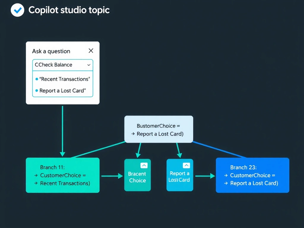 A Copilot Studio topic flow diagram showing: (1) an 'Ask a Question' node with three quick-reply options: 'Check Balance', 'Recent Transactions', 'Report a Lost Card'; (2) a 'Condition' node below it with three labeled branches: Branch 1 = 'CustomerChoice = Check Balance' → leads to Balance action; Branch 2 = 'CustomerChoice = Recent Transactions' → leads to Transactions action; Branch 3 = 'CustomerChoice = Report a Lost Card' → leads to Card report action. Each branch shown in a different color with clean connecting arrows.