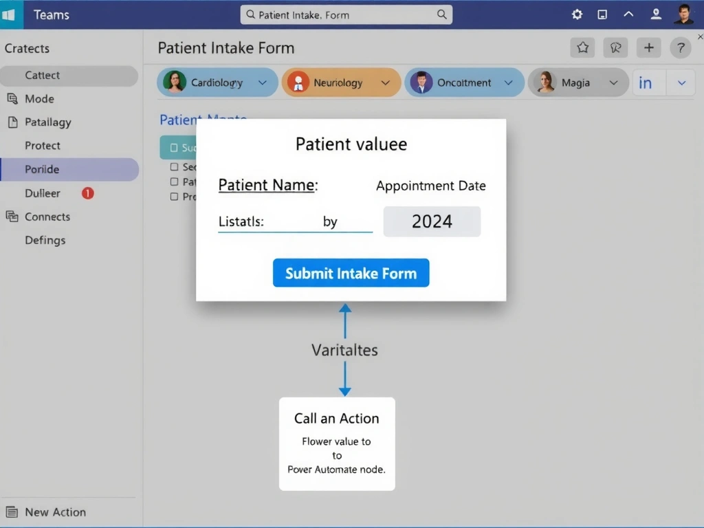 An Adaptive Card rendered in a Microsoft Teams chat window showing a patient intake form with: a text field labeled 'Patient Name', a dropdown labeled 'Department' (showing options: Cardiology, Neurology, Oncology), a date picker labeled 'Appointment Date', and a blue 'Submit Intake Form' button. Below the card, a diagram shows the submitted values flowing as variables into a 'Call an Action' node connecting to a Power Automate flow.