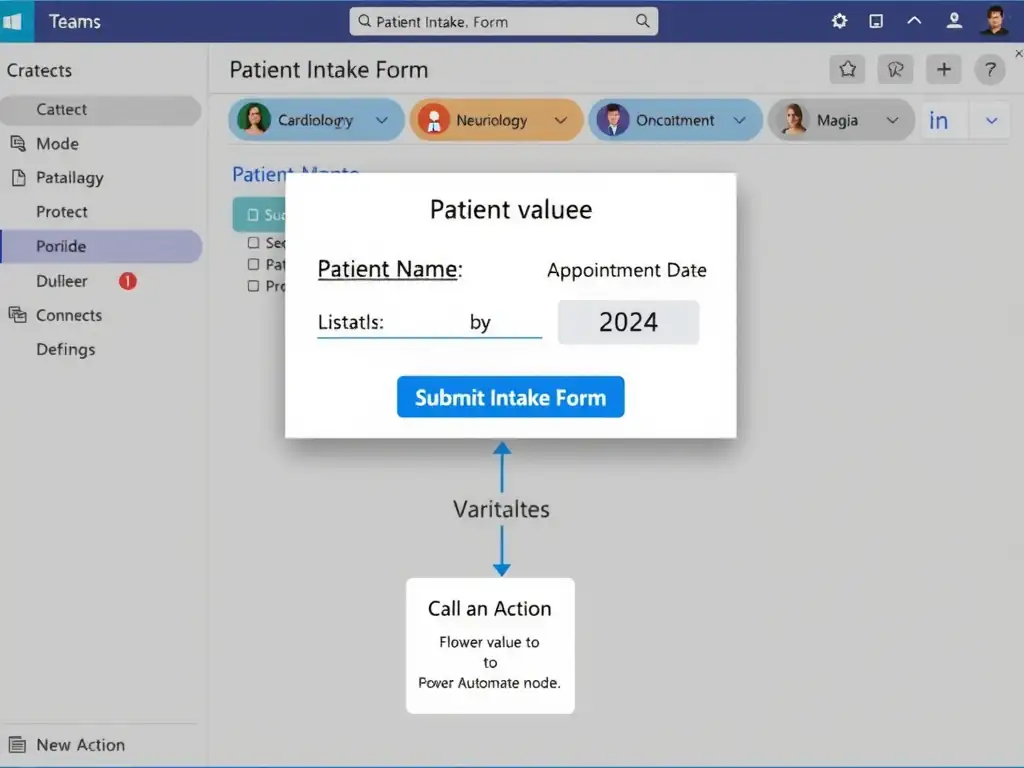 An Adaptive Card rendered in a Microsoft Teams chat window showing a patient intake form with: a text field labeled 'Patient Name', a dropdown labeled 'Department' (showing options: Cardiology, Neurology, Oncology), a date picker labeled 'Appointment Date', and a blue 'Submit Intake Form' button. Below the card, a diagram shows the submitted values flowing as variables into a 'Call an Action' node connecting to a Power Automate flow.