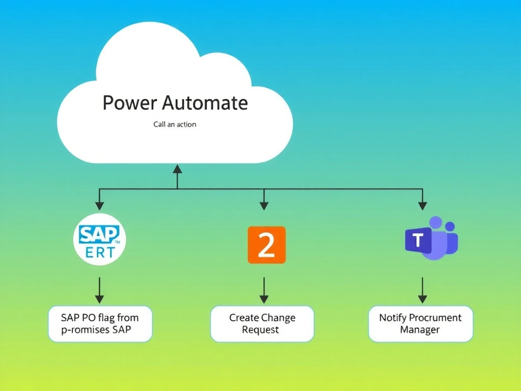 A single Power Automate cloud flow diagram showing three sequential connector action steps: Step 1 — SAP ERP connector icon with an on-premises data gateway bridge symbol (labeled 'Read PO flag from on-premises SAP'); Step 2 — ServiceNow connector icon (labeled 'Create Change Request'); Step 3 — Microsoft Teams connector icon (labeled 'Notify Procurement Manager'). Above the flow, a Copilot Studio agent calling the flow via 'Call an action' node. The on-premises data gateway is shown as a bridge between Azure cloud and an on-premises network boundary.