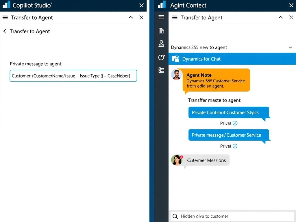 A Copilot Studio Transfer to Agent node configuration panel showing the 'Private message to agent' field populated with: 'Customer: {CustomerName} | Issue: {IssueType} | Case: {CaseNumber}'. On the right, a Dynamics 365 Customer Service live agent screen showing the transferred conversation with the private context message displayed in an orange 'Agent Note' banner at the top. The customer's side of the chat is shown without the private message, illustrating that it is hidden from the customer.