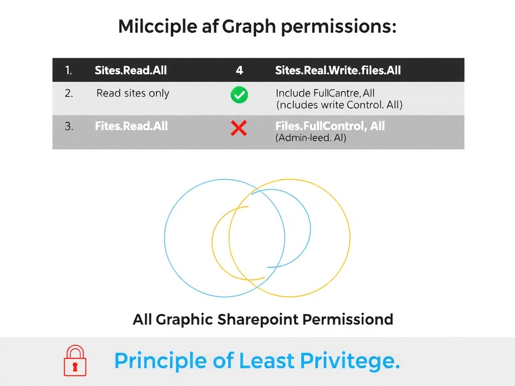 A Microsoft Graph permissions comparison table with four rows: (1) 'Sites.Read.All' — green checkmark — 'Read sites only'; (2) 'Files.Read.All' — green checkmark — 'Read files only'; (3) 'Sites.ReadWrite.All' — red X — 'Includes write access (not needed)'; (4) 'Sites.FullControl.All' — red X — 'Admin-level (not needed)'. Below, a Venn diagram showing the minimum permission set (Sites.Read.All + Files.Read.All) as a small circle inside a large circle labeled 'All Graph SharePoint Permissions', illustrating least privilege. A 'Principle of Least Privilege' label with a padlock icon.