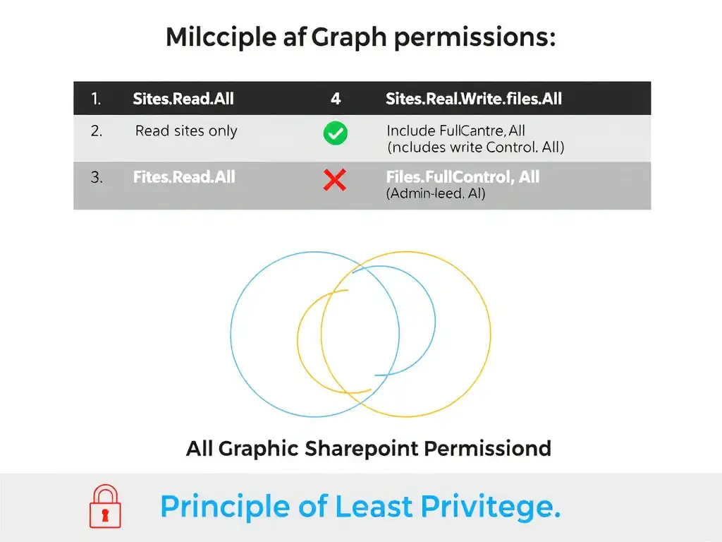A Microsoft Graph permissions comparison table with four rows: (1) 'Sites.Read.All' — green checkmark — 'Read sites only'; (2) 'Files.Read.All' — green checkmark — 'Read files only'; (3) 'Sites.ReadWrite.All' — red X — 'Includes write access (not needed)'; (4) 'Sites.FullControl.All' — red X — 'Admin-level (not needed)'. Below, a Venn diagram showing the minimum permission set (Sites.Read.All + Files.Read.All) as a small circle inside a large circle labeled 'All Graph SharePoint Permissions', illustrating least privilege. A 'Principle of Least Privilege' label with a padlock icon.