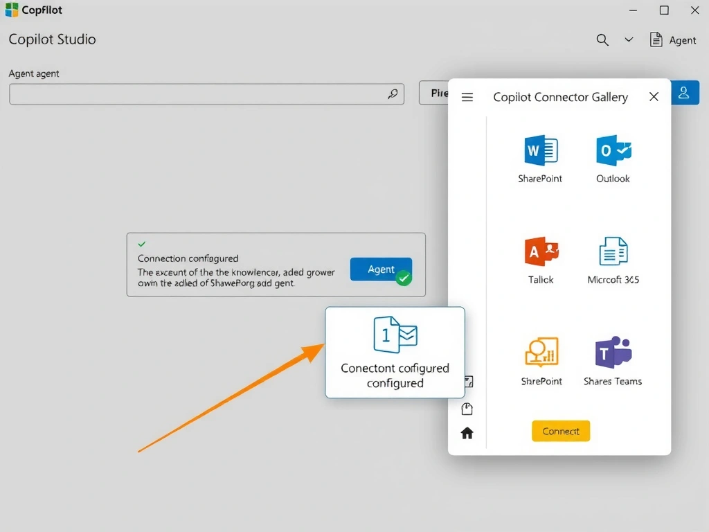 A technical diagram showing the Copilot Studio interface with an agent configuration panel open. On the right side, a 'Copilot Connector Gallery' panel displays icons for SharePoint, Outlook, Teams, and other Microsoft 365 services. An arrow from the agent panel points to the SharePoint connector with a green checkmark, and a 'Connection configured' badge appears below it. The background shows the agent's knowledge base growing with a SharePoint document icon added to it.